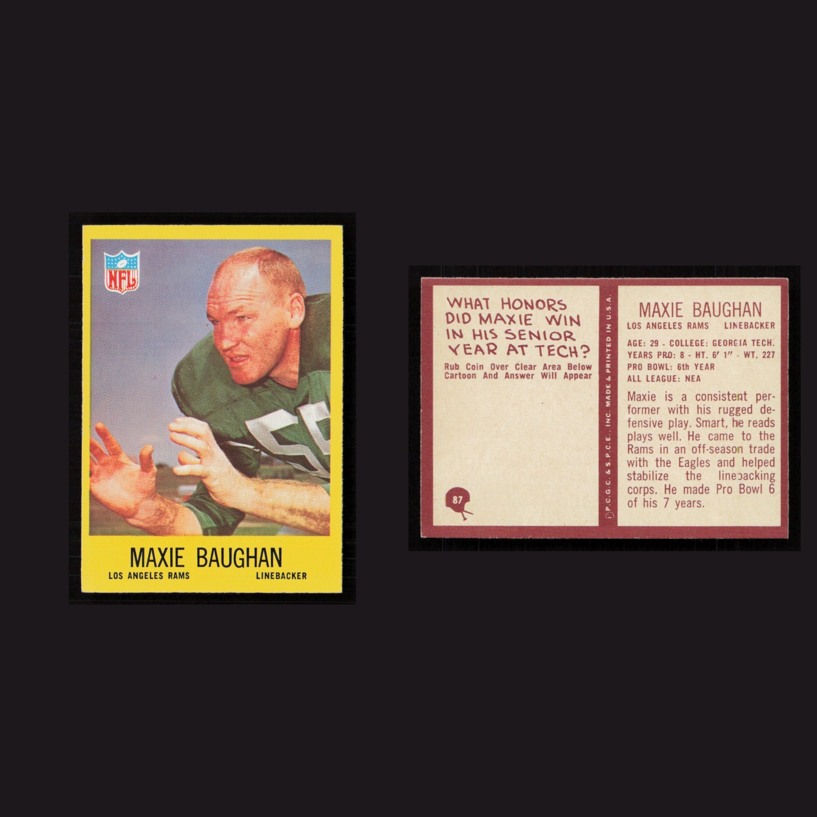 1967 Maxie Baughan #87 NM-MT Philadelphia Los Angeles Rams Vintage Football Card front and back scans. Card condition is Near Mint.