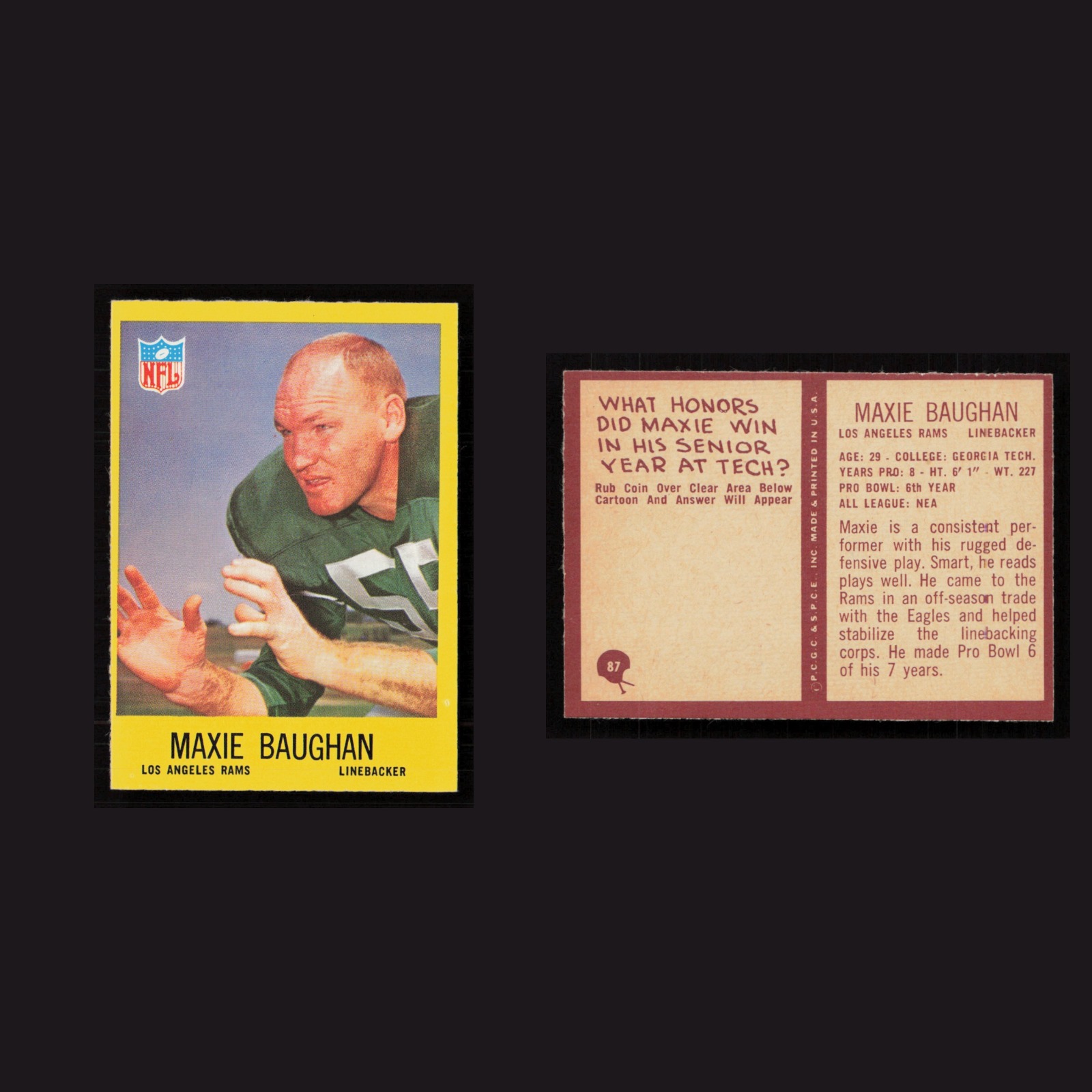 1967 Maxie Baughan #87 NM Philadelphia Los Angeles Rams Vintage Football Card front and back scans. Card condition is Near Mint.