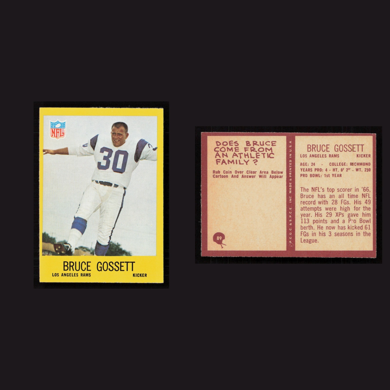 1967 Bruce Gossett #89 NM-MT Philadelphia Los Angeles Rams Vintage Football Card front and back scans. Card condition is Near Mint.