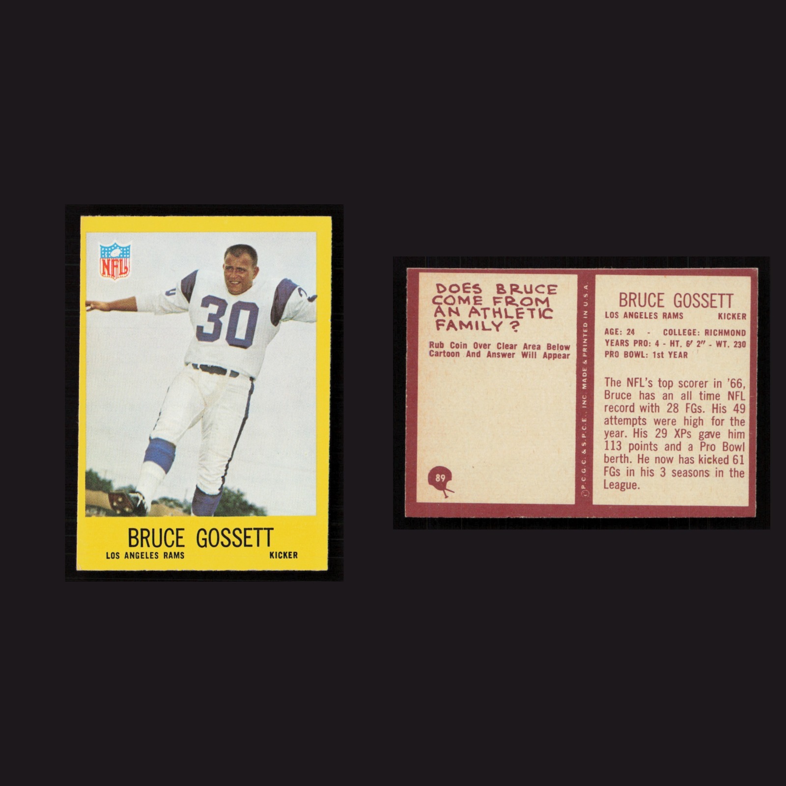 1967 Bruce Gossett #89 NM-MT Philadelphia Los Angeles Rams Vintage Football Card front and back scans. Card condition is Near Mint.