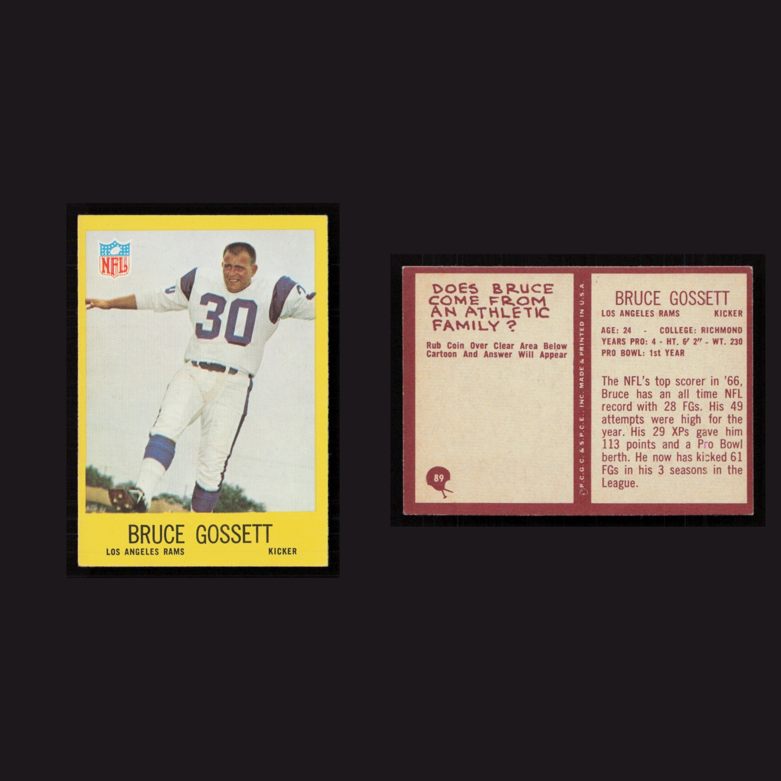 1967 Bruce Gossett #89 NM Philadelphia Los Angeles Rams Vintage Football Card front and back scans. Card condition is Near Mint.