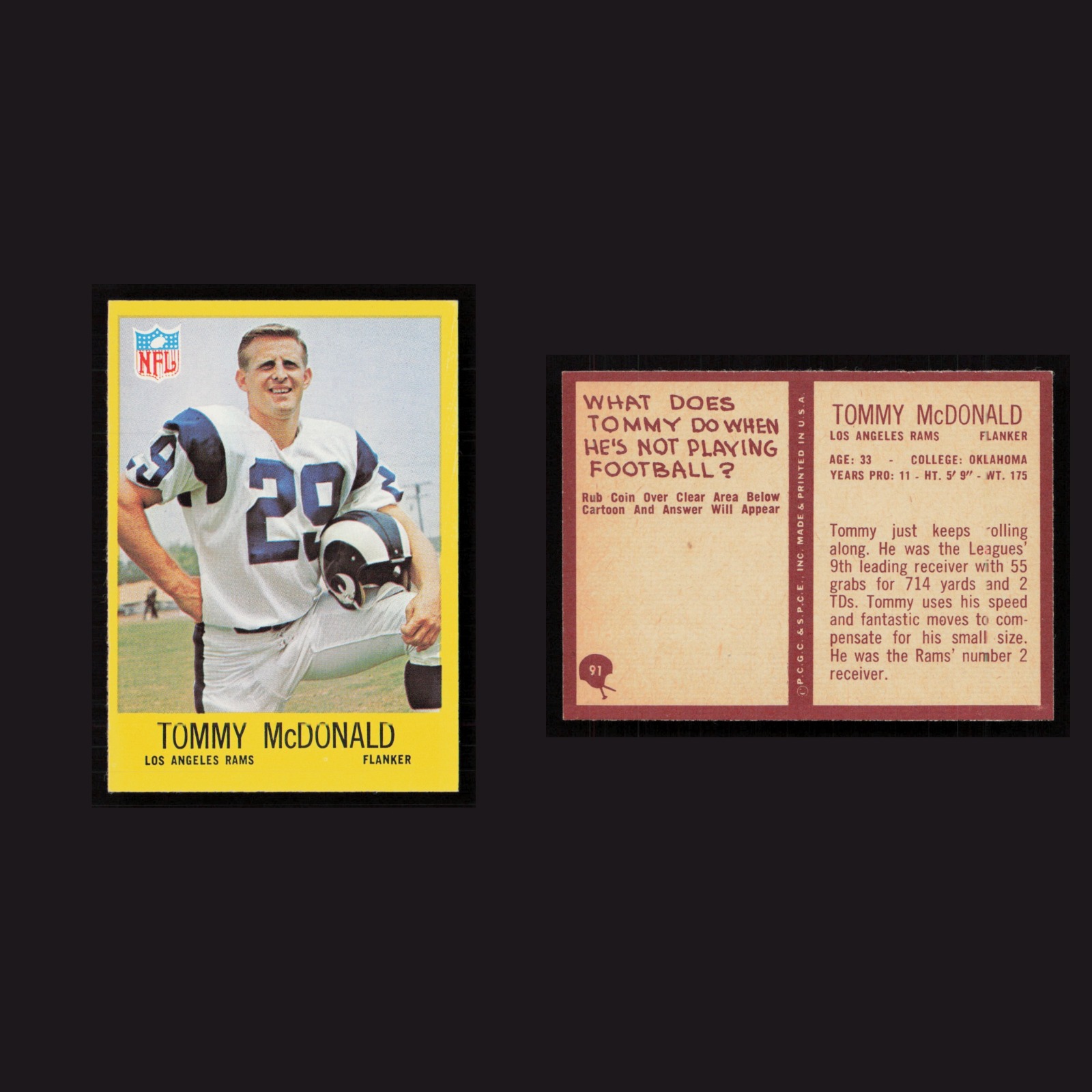 1967 Tommy McDonald #91 MINT Philadelphia Los Angeles Rams Vintage Football Card front and back scans. Card condition is Near Mint.