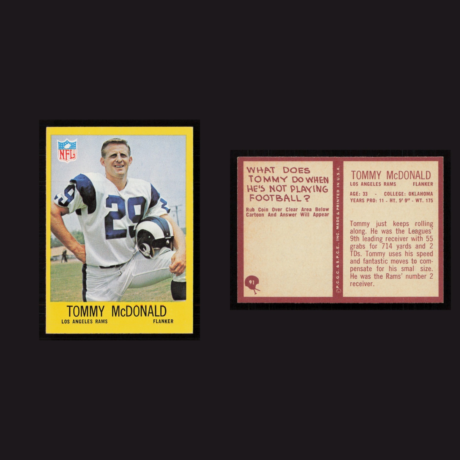 1967 Tommy McDonald #91 MINT Philadelphia Los Angeles Rams Vintage Football Card front and back scans. Card condition is Near Mint.