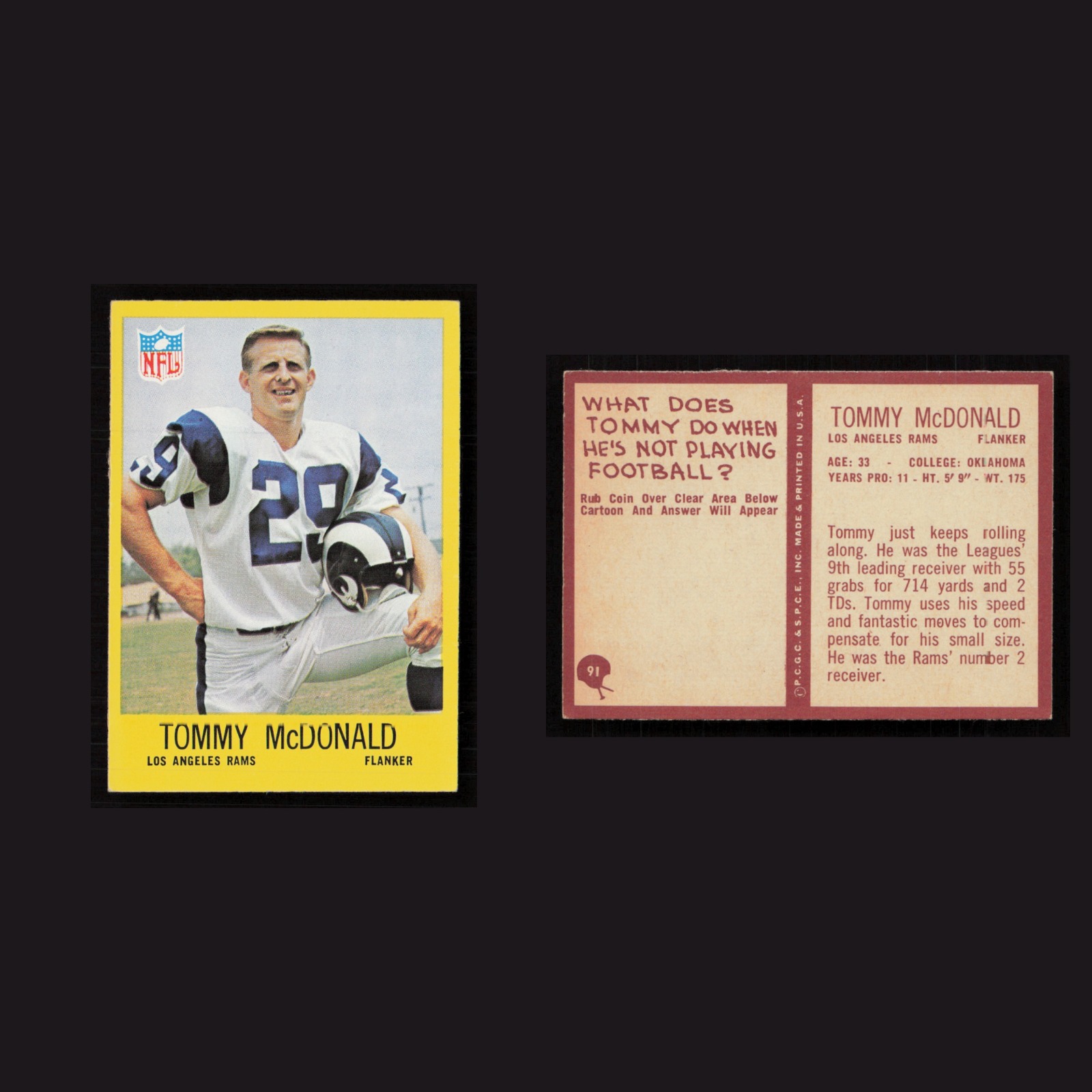 1967 Tommy McDonald #91 NM-MT Philadelphia Los Angeles Rams Vintage Football NFL front and back scans. Card condition is Near Mint.
