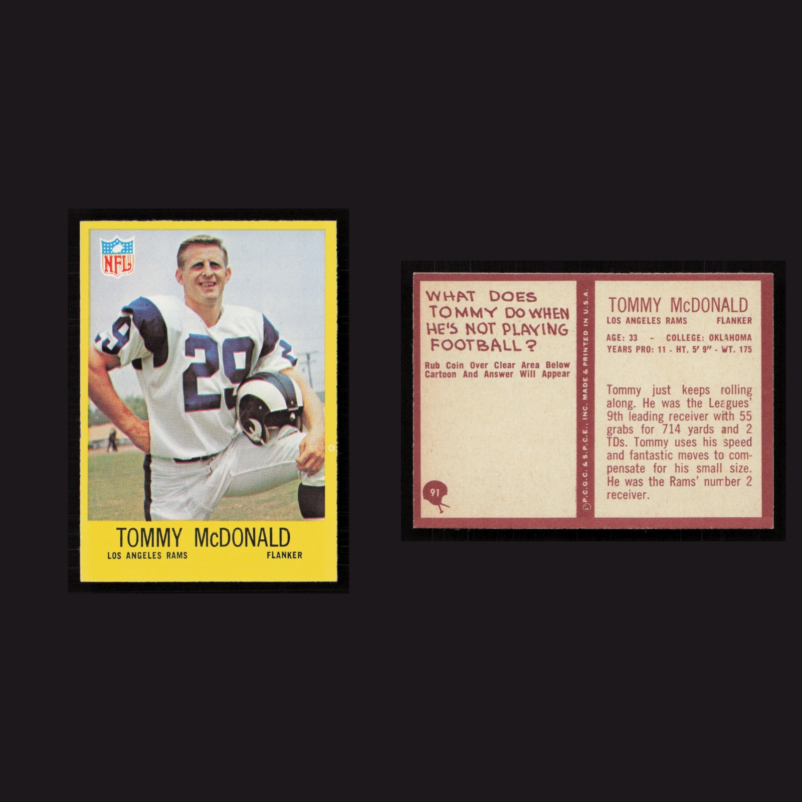 1967 Tommy McDonald #91 MINT Philadelphia Los Angeles Rams Vintage Football Card front and back scans. Card condition is Near Mint.