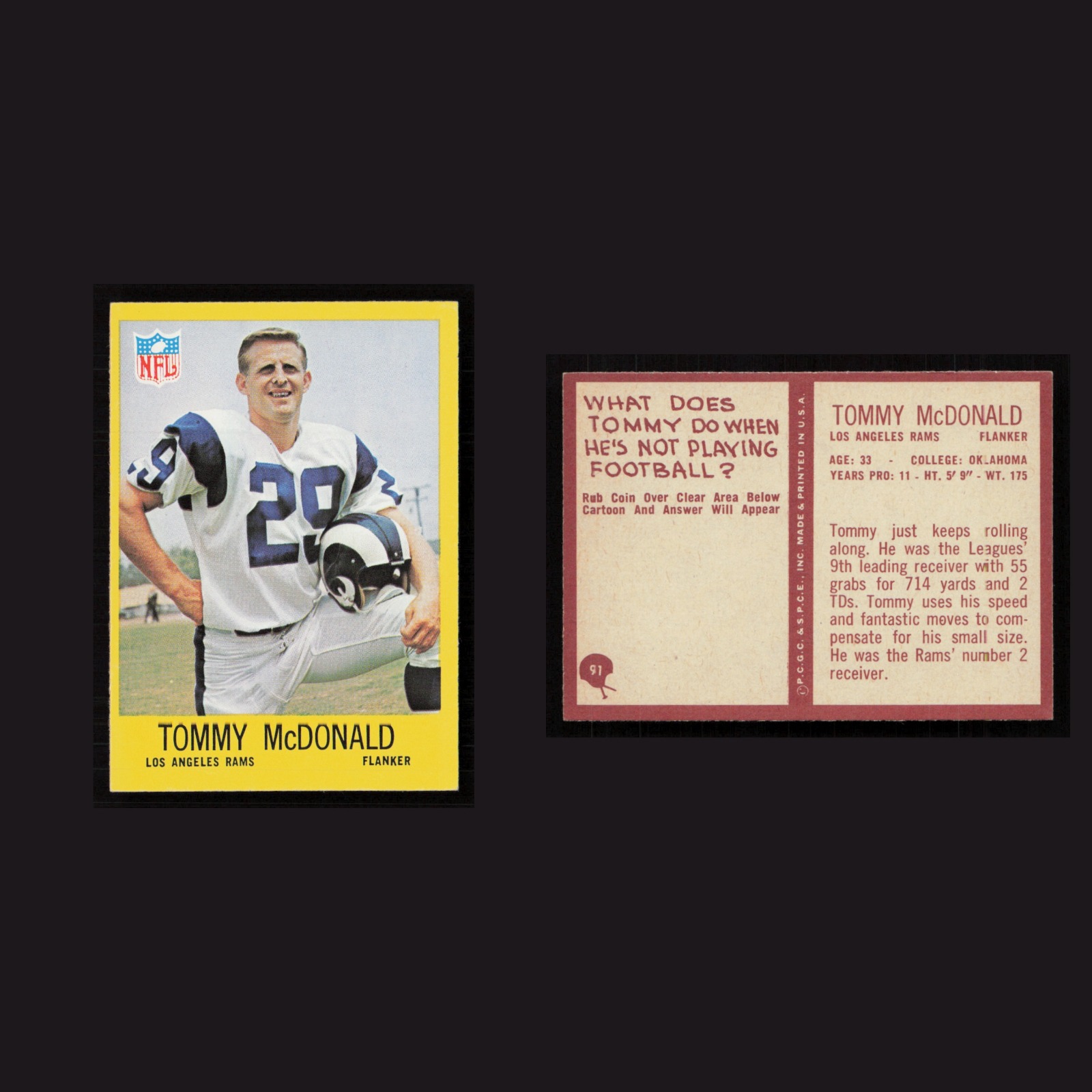 1967 Tommy McDonald #91 NM-MT Philadelphia Los Angeles Rams Vintage Football NFL front and back scans. Card condition is Near Mint.