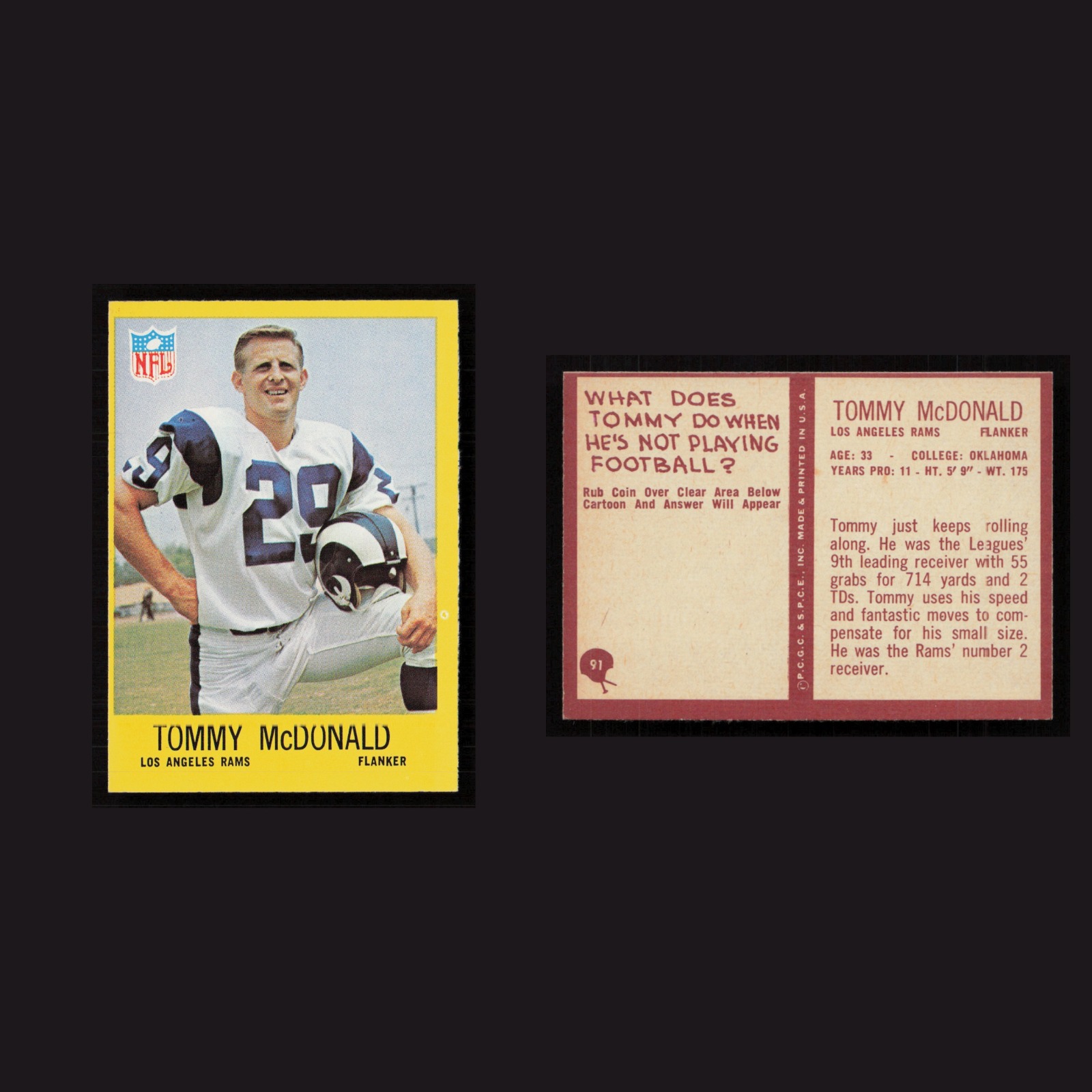 1967 Tommy McDonald #91 NM Philadelphia Los Angeles Rams Vintage Football Card front and back scans. Card condition is Near Mint.