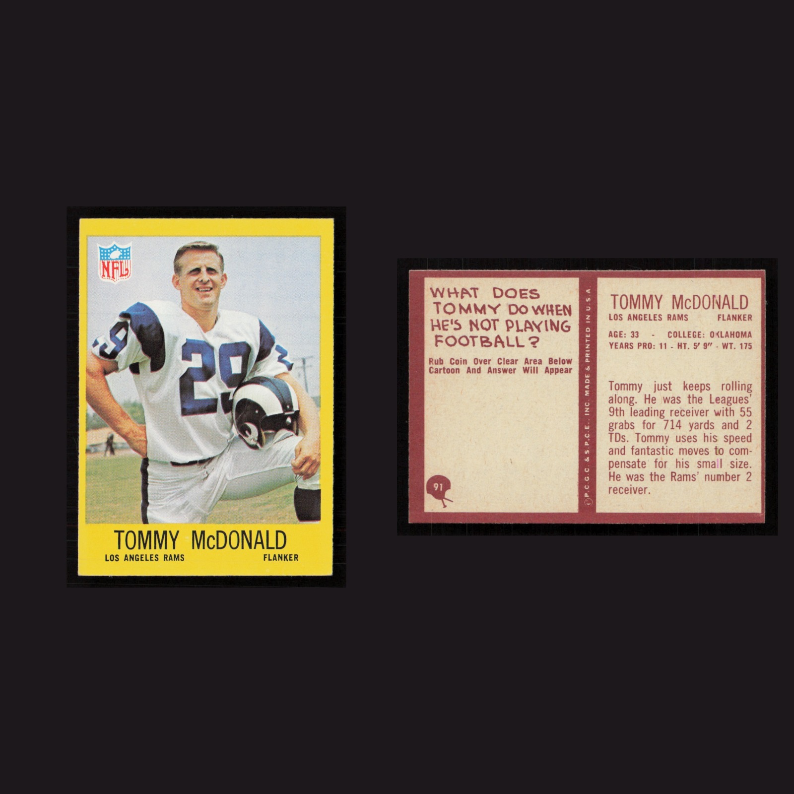 1967 Tommy McDonald #91 NM-MT Philadelphia Los Angeles Rams Vintage Football NFL front and back scans. Card condition is Near Mint.