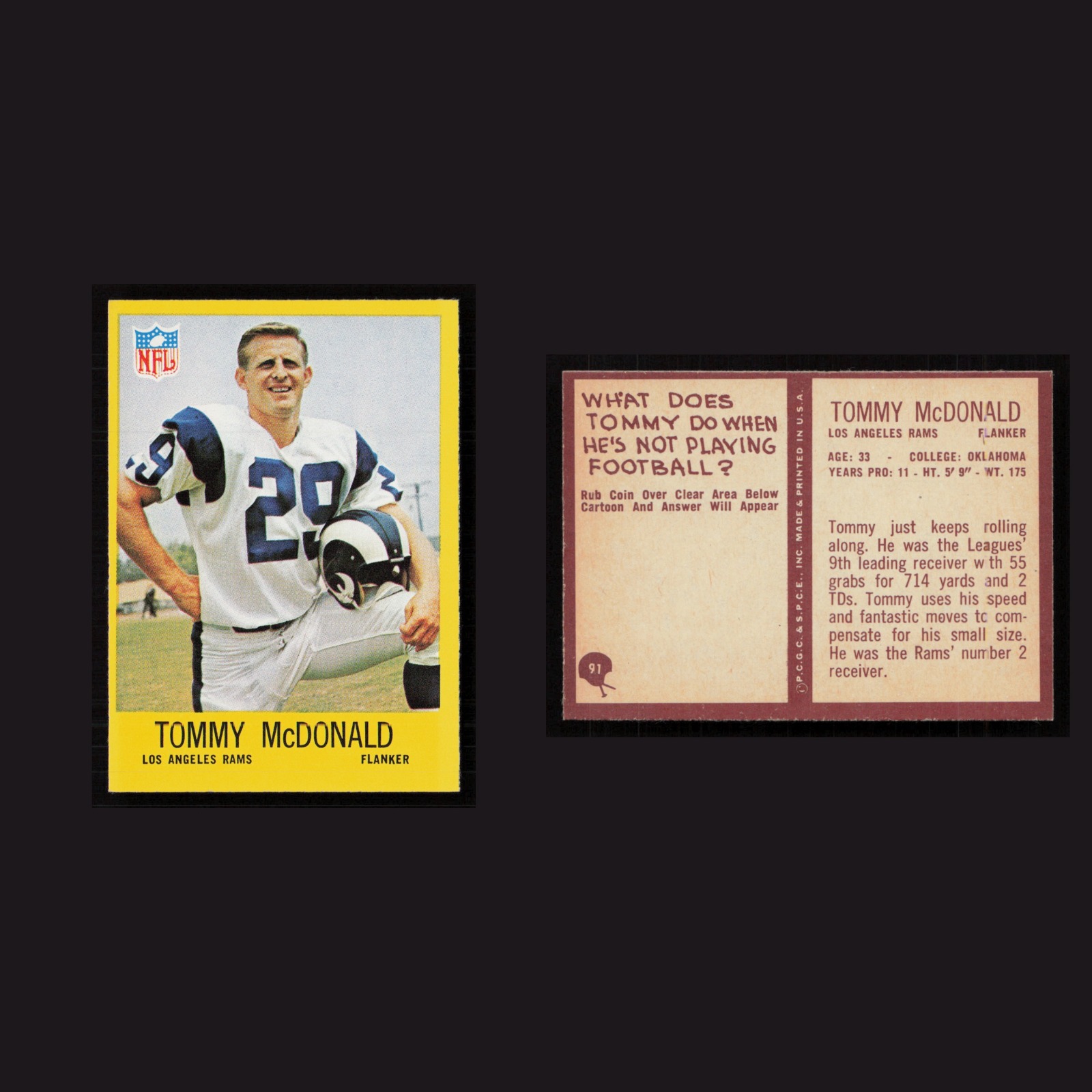 1967 Tommy McDonald #91 NM-MT Philadelphia Los Angeles Rams Vintage Football NFL front and back scans. Card condition is Near Mint.
