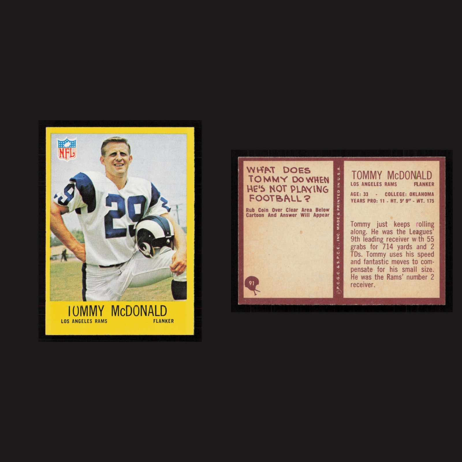 1967 Tommy McDonald #91 NM-MT Philadelphia Los Angeles Rams Vintage Football NFL front and back scans. Card condition is Near Mint.