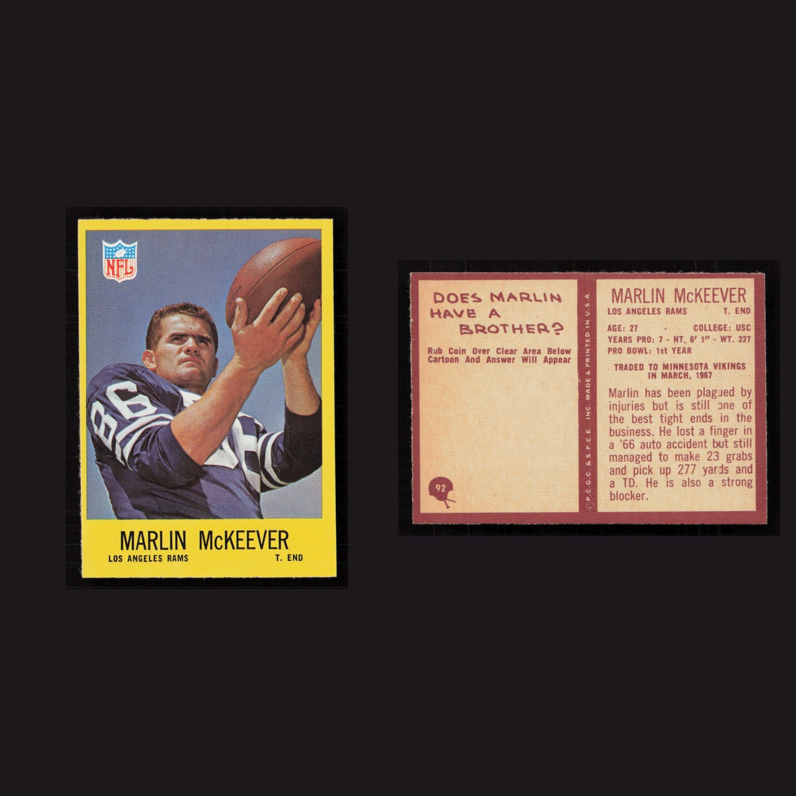 1967 Marlin McKeever #92 MINT Philadelphia Los Angeles Rams Vintage Football NFL front and back scans. Card condition is Near Mint.