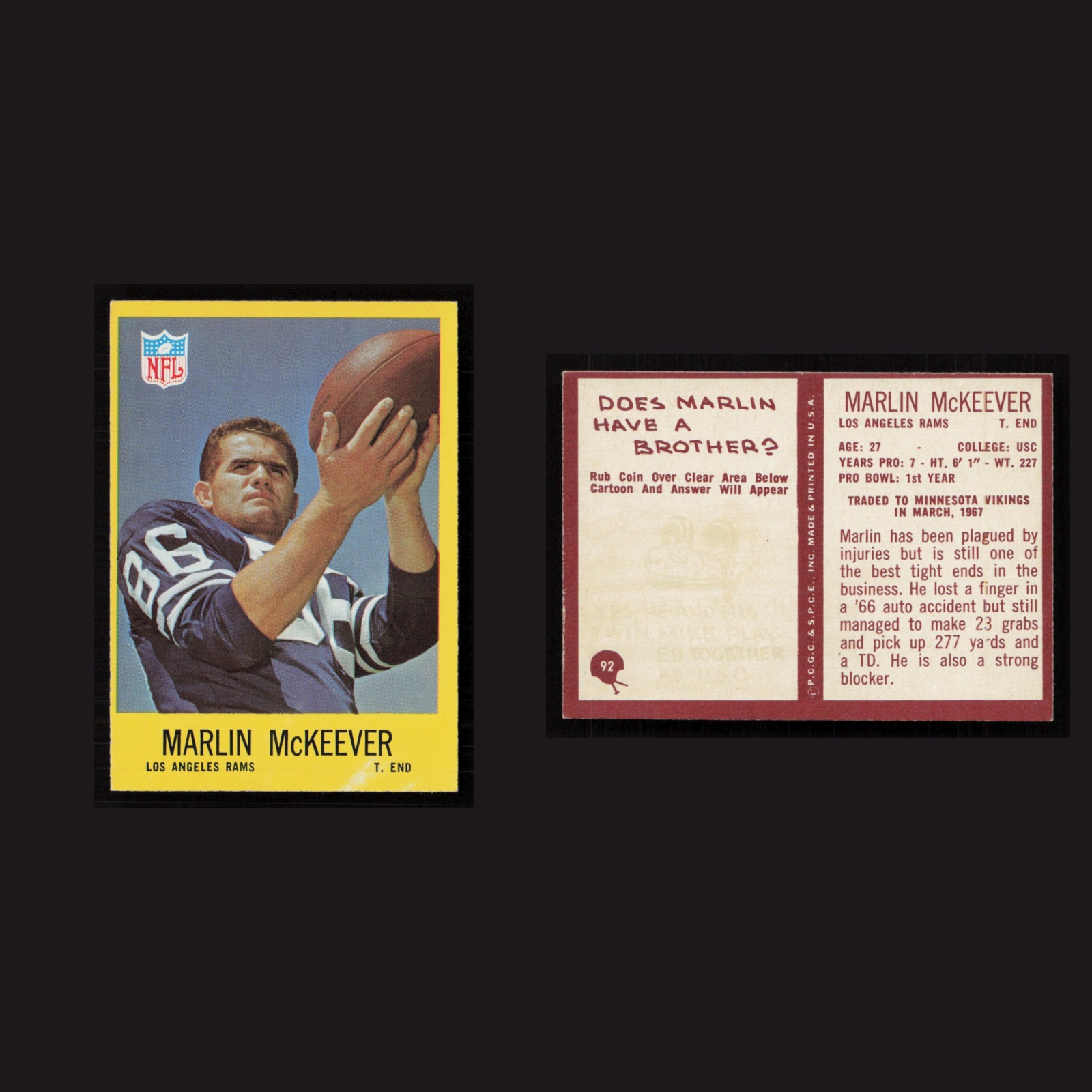 1967 Marlin McKeever #92 NM-MT Philadelphia Los Angeles Rams Vintage Football front and back scans. Card condition is Near Mint.