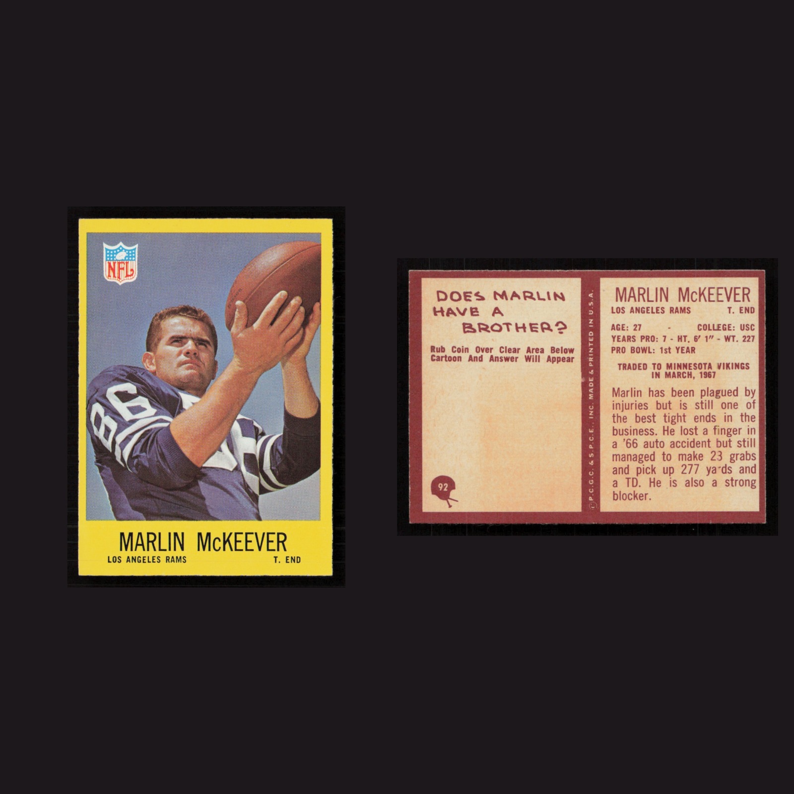 1967 Marlin McKeever #92 NM Philadelphia Los Angeles Rams Vintage Football Card front and back scans. Card condition is Near Mint.