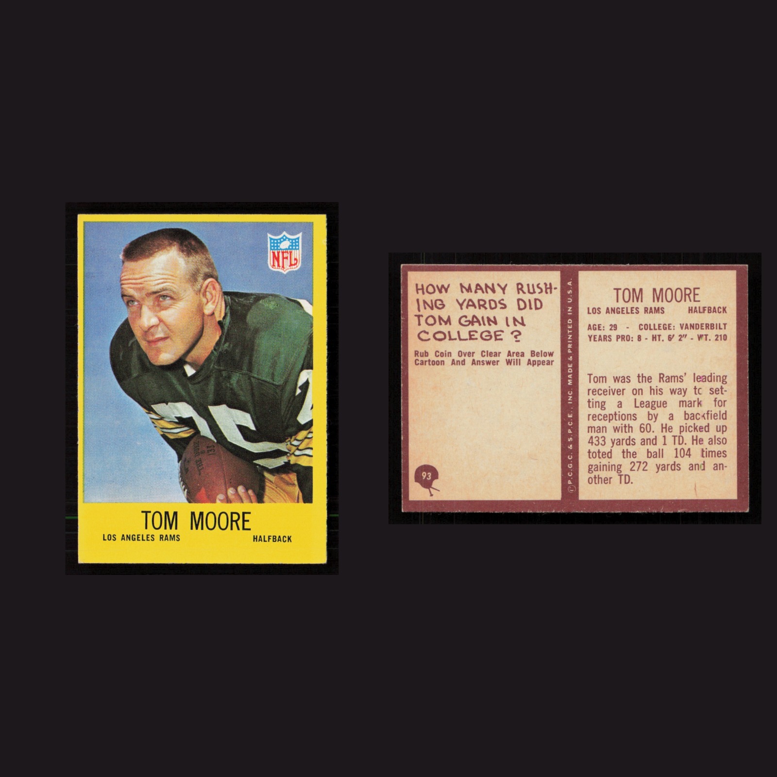 1967 Tom Moore #93 NM Philadelphia Los Angeles Rams Vintage Football Card NFL front and back scans. Card condition is Near Mint.
