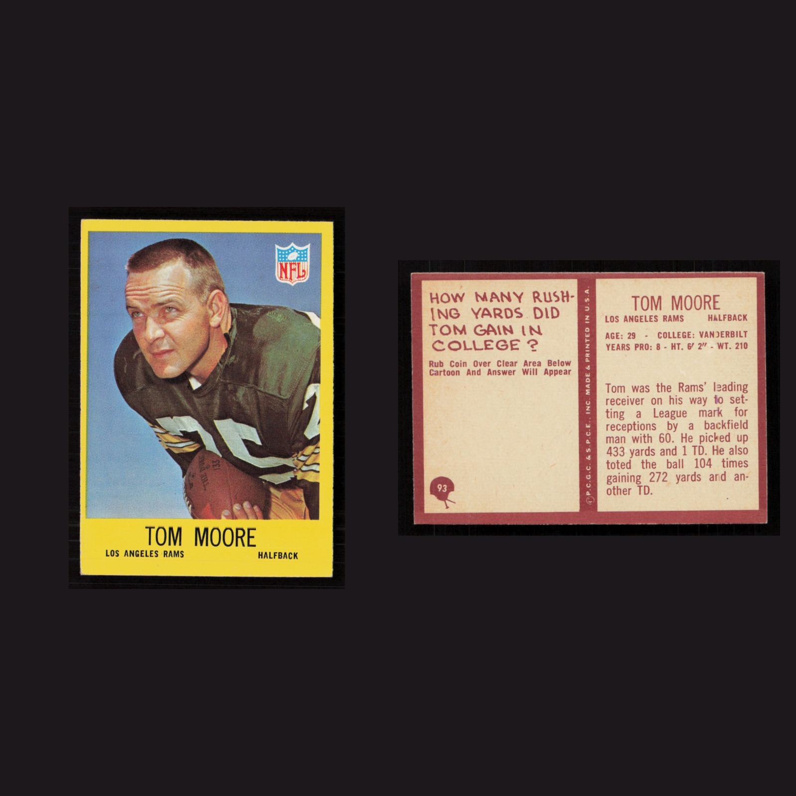 1967 Tom Moore #93 NM Philadelphia Los Angeles Rams Vintage Football Card NFL front and back scans. Card condition is Near Mint.