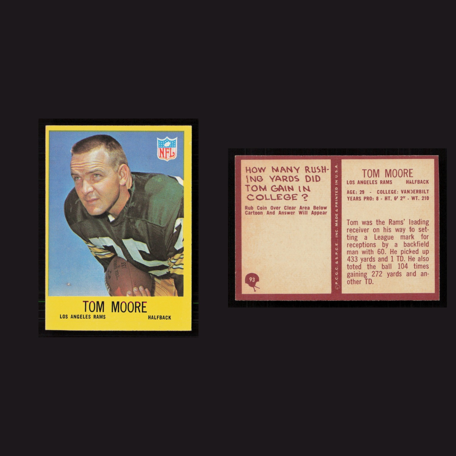 1967 Tom Moore #93 NM Philadelphia Los Angeles Rams Vintage Football Card NFL front and back scans. Card condition is Near Mint.