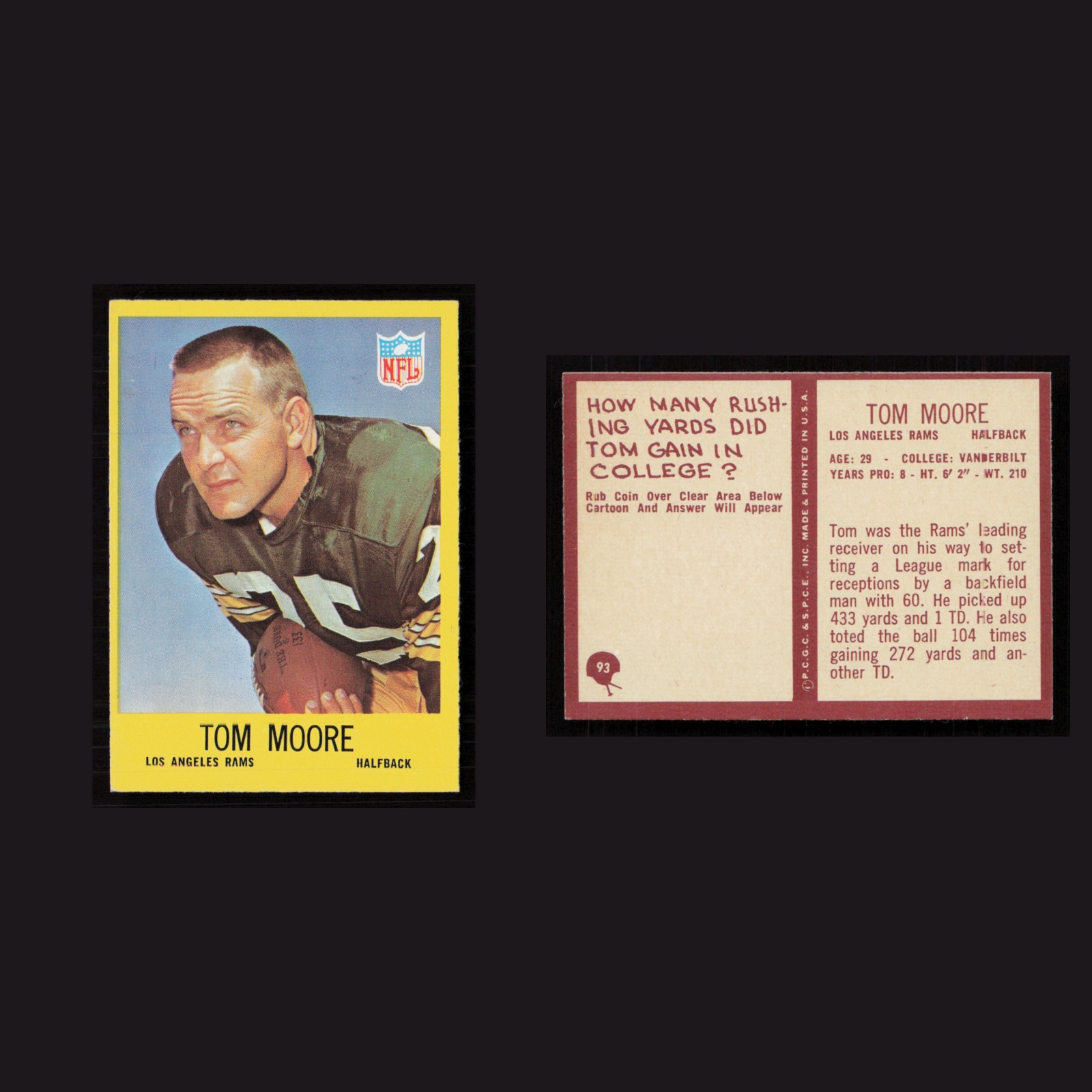 1967 Tom Moore #93 NM-MT Philadelphia Los Angeles Rams Vintage Football Card NFL front and back scans. Card condition is Near Mint.