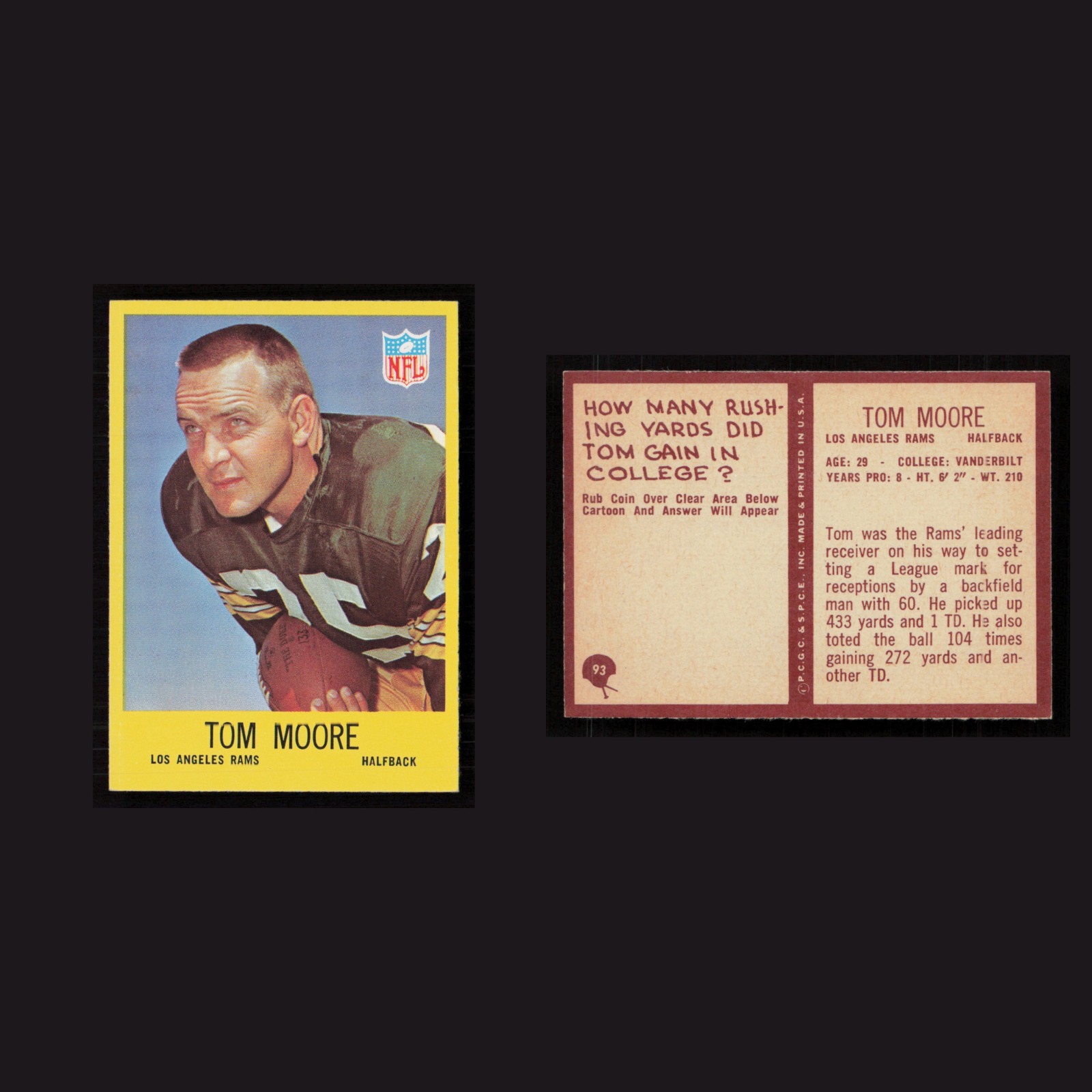 1967 Tom Moore #93 MINT Philadelphia Los Angeles Rams Vintage Football Card NFL front and back scans. Card condition is Near Mint.