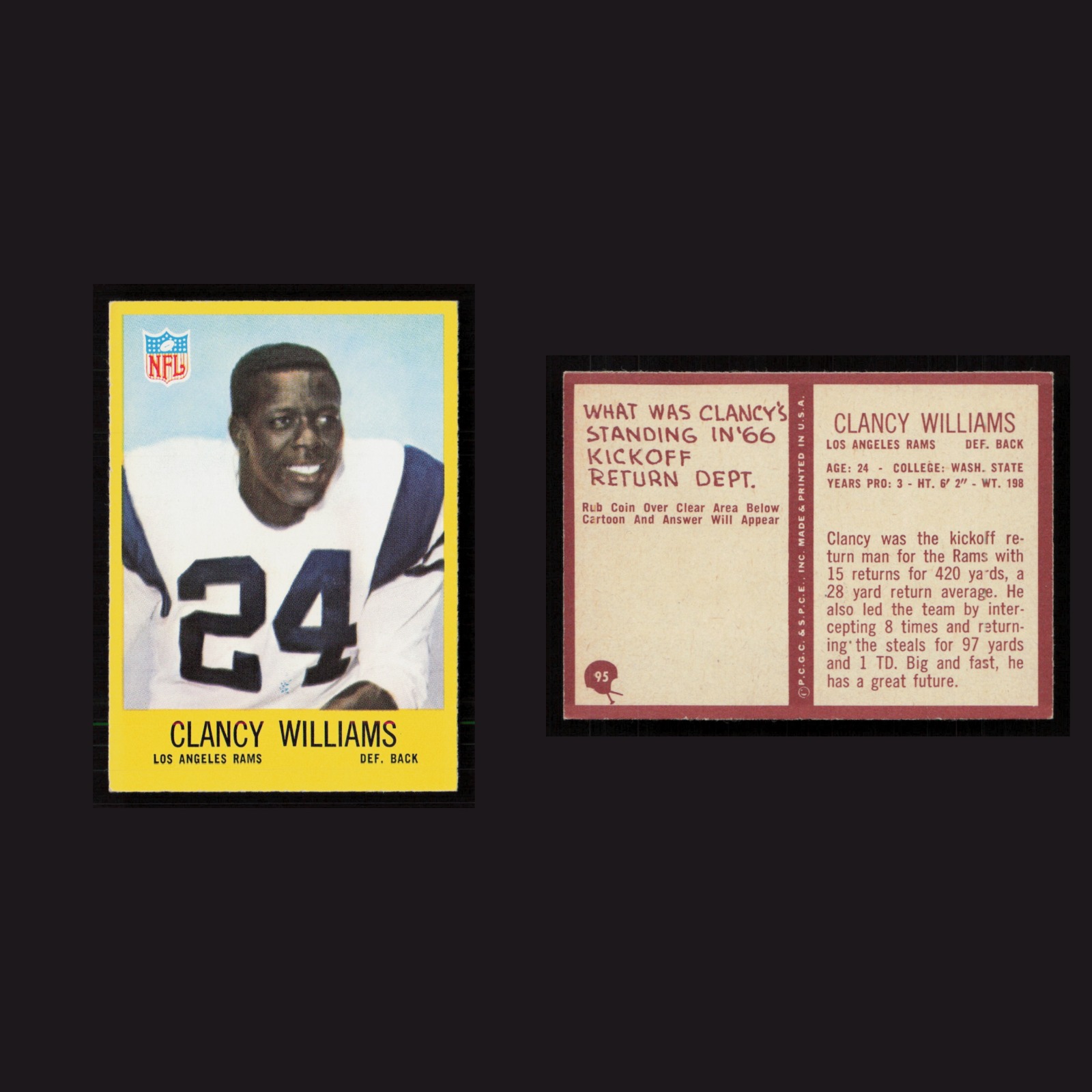 1967 Clancy Williams #95 MINT Philadelphia Los Angeles Rams Vintage Football NFL front and back scans. Card condition is Near Mint.