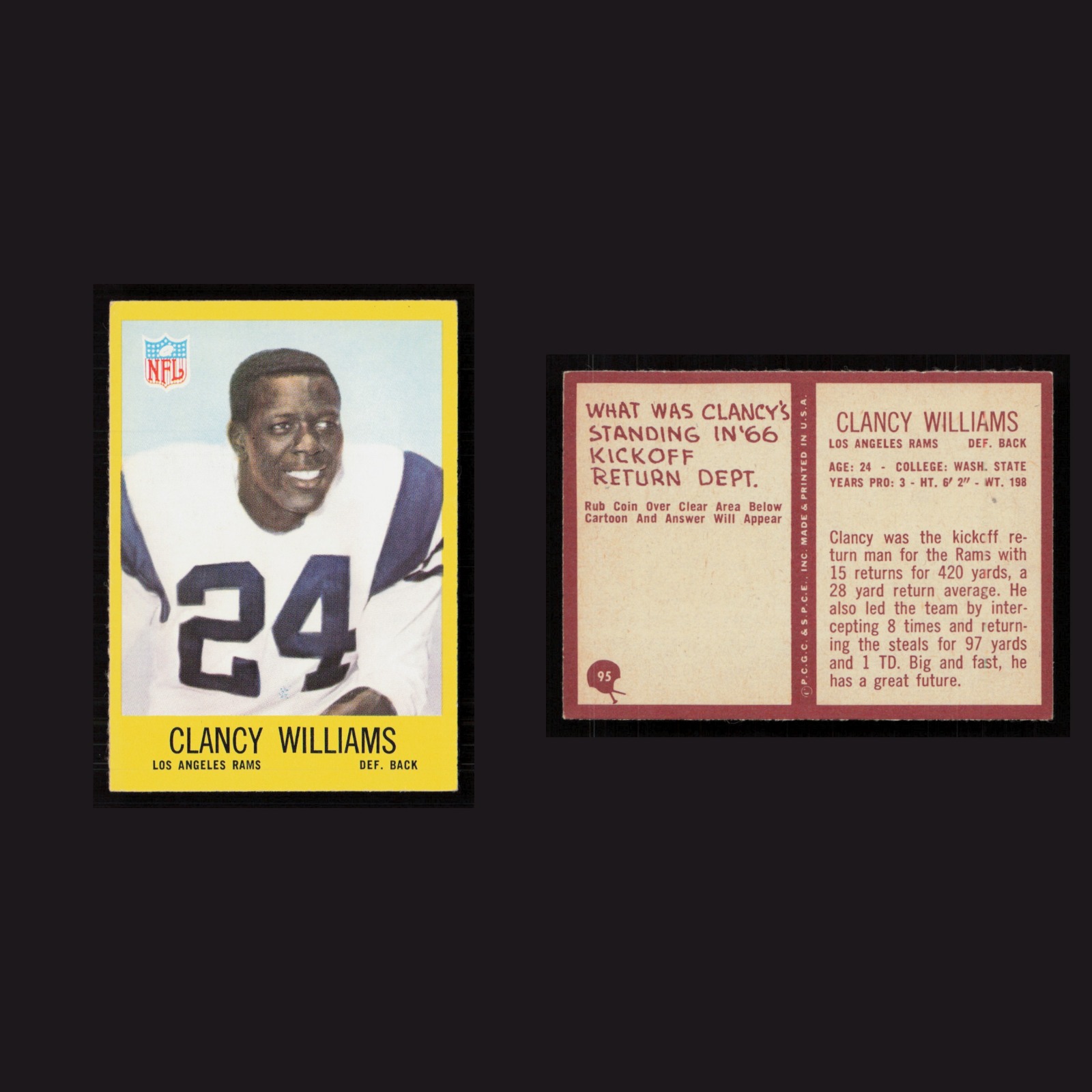 1967 Clancy Williams #95 NM-MT Philadelphia Los Angeles Rams Vintage Football front and back scans. Card condition is Near Mint.