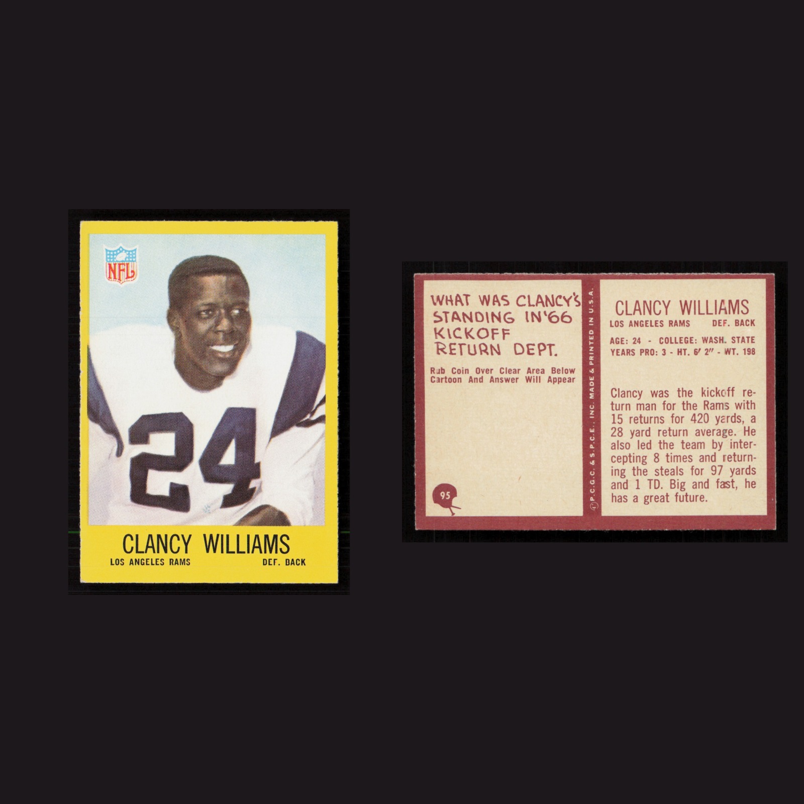 1967 Clancy Williams #95 NM-MT Philadelphia Los Angeles Rams Vintage Football front and back scans. Card condition is Near Mint.