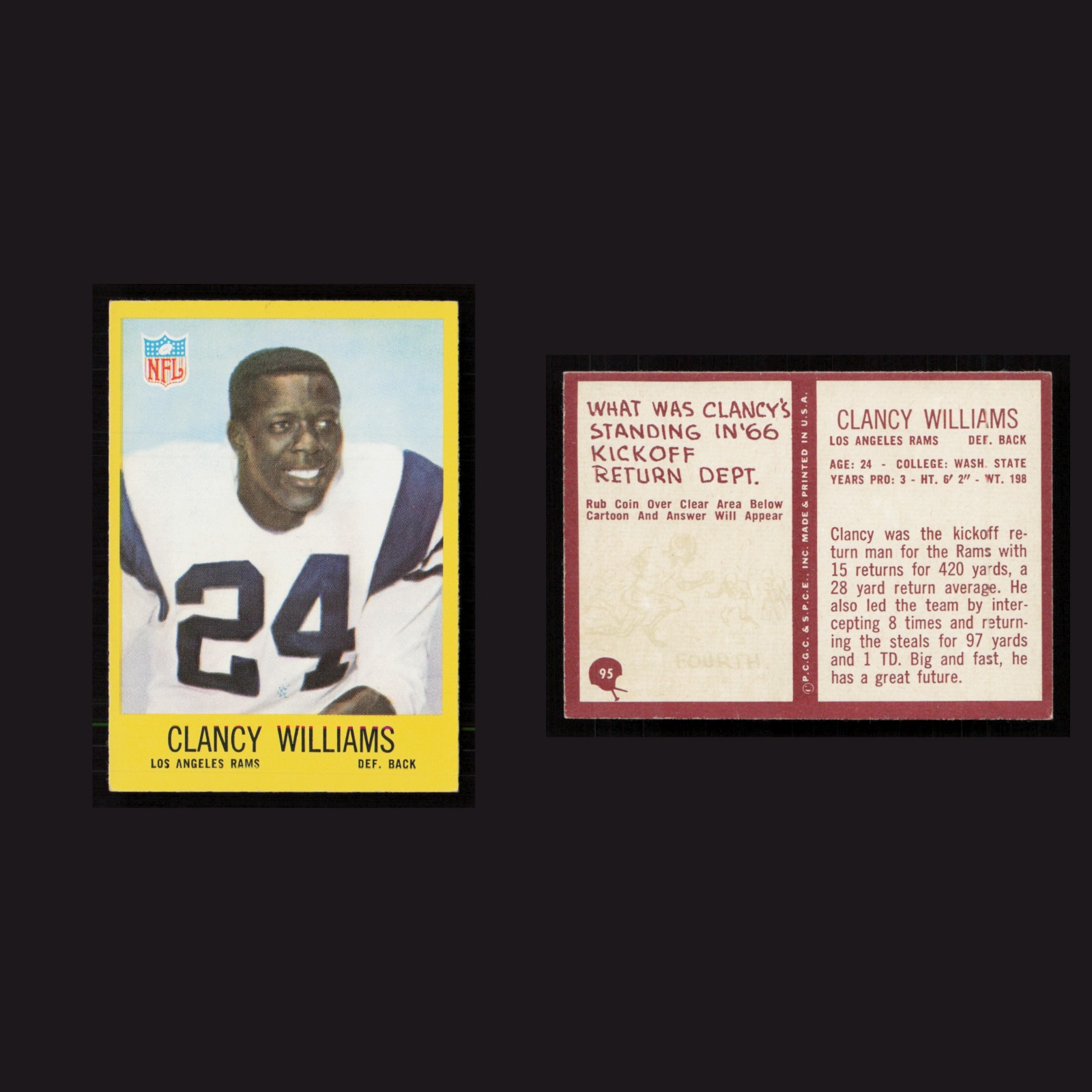 1967 Clancy Williams #95 NM-MT Philadelphia Los Angeles Rams Vintage Football front and back scans. Card condition is Near Mint.