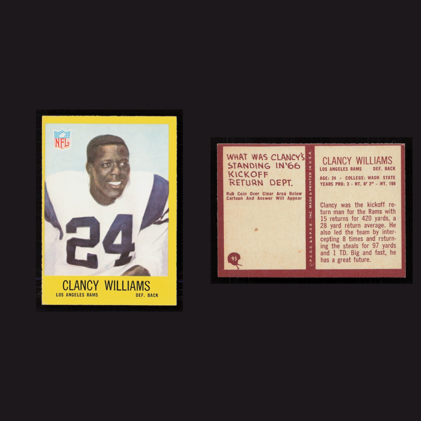 1967 Clancy Williams #95 NM Philadelphia Los Angeles Rams Vintage Football Card front and back scans. Card condition is Near Mint.
