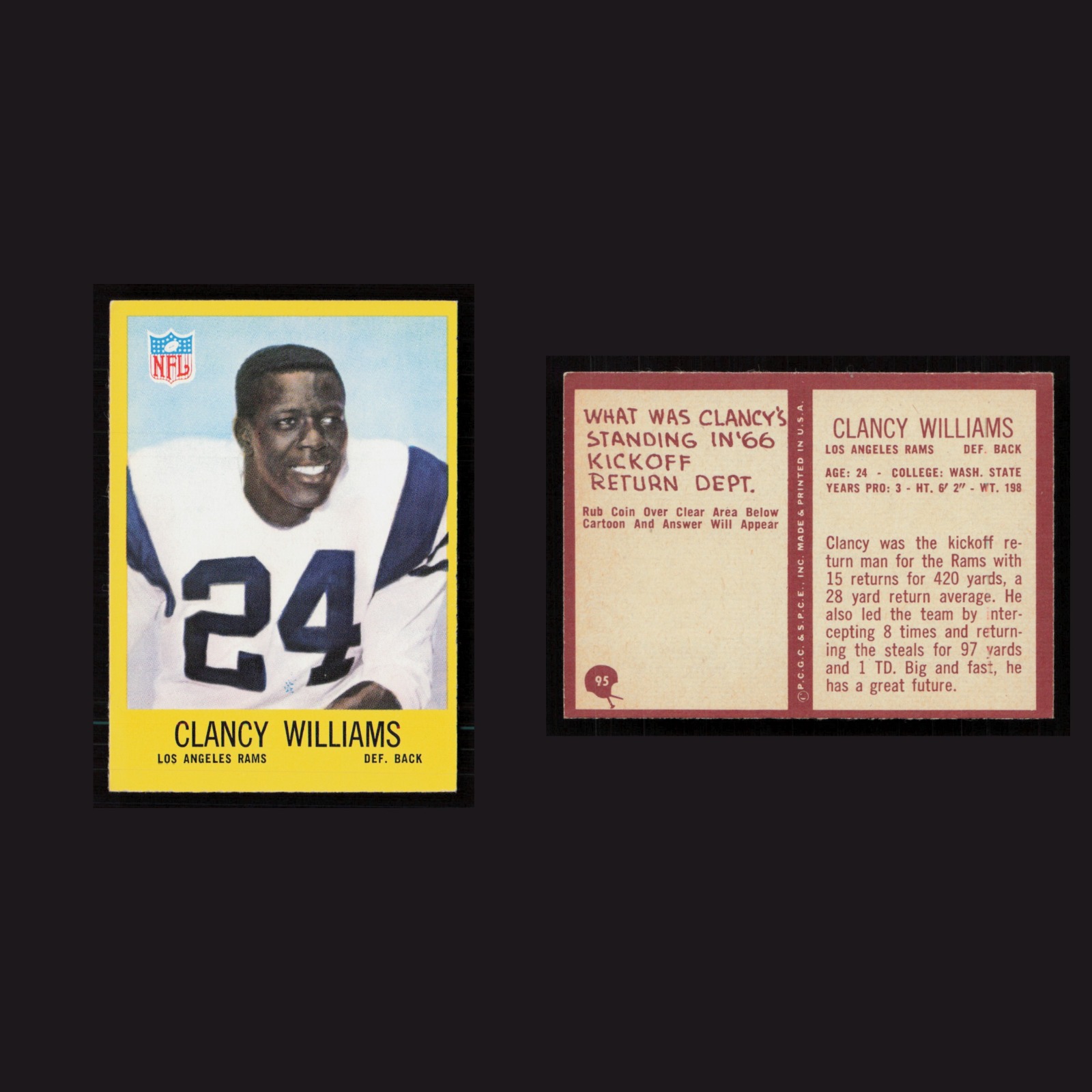1967 Clancy Williams #95 NM-MT Philadelphia Los Angeles Rams Vintage Football front and back scans. Card condition is Near Mint.