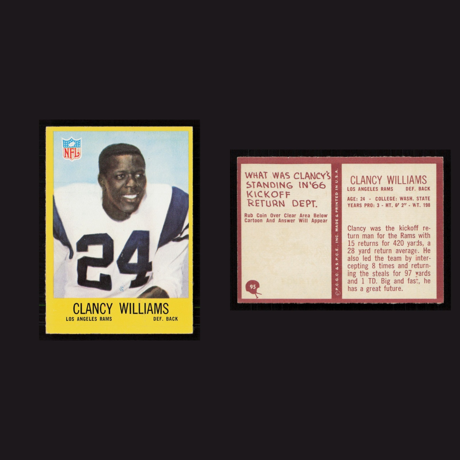 1967 Clancy Williams #95 NM-MT Philadelphia Los Angeles Rams Vintage Football front and back scans. Card condition is Near Mint.