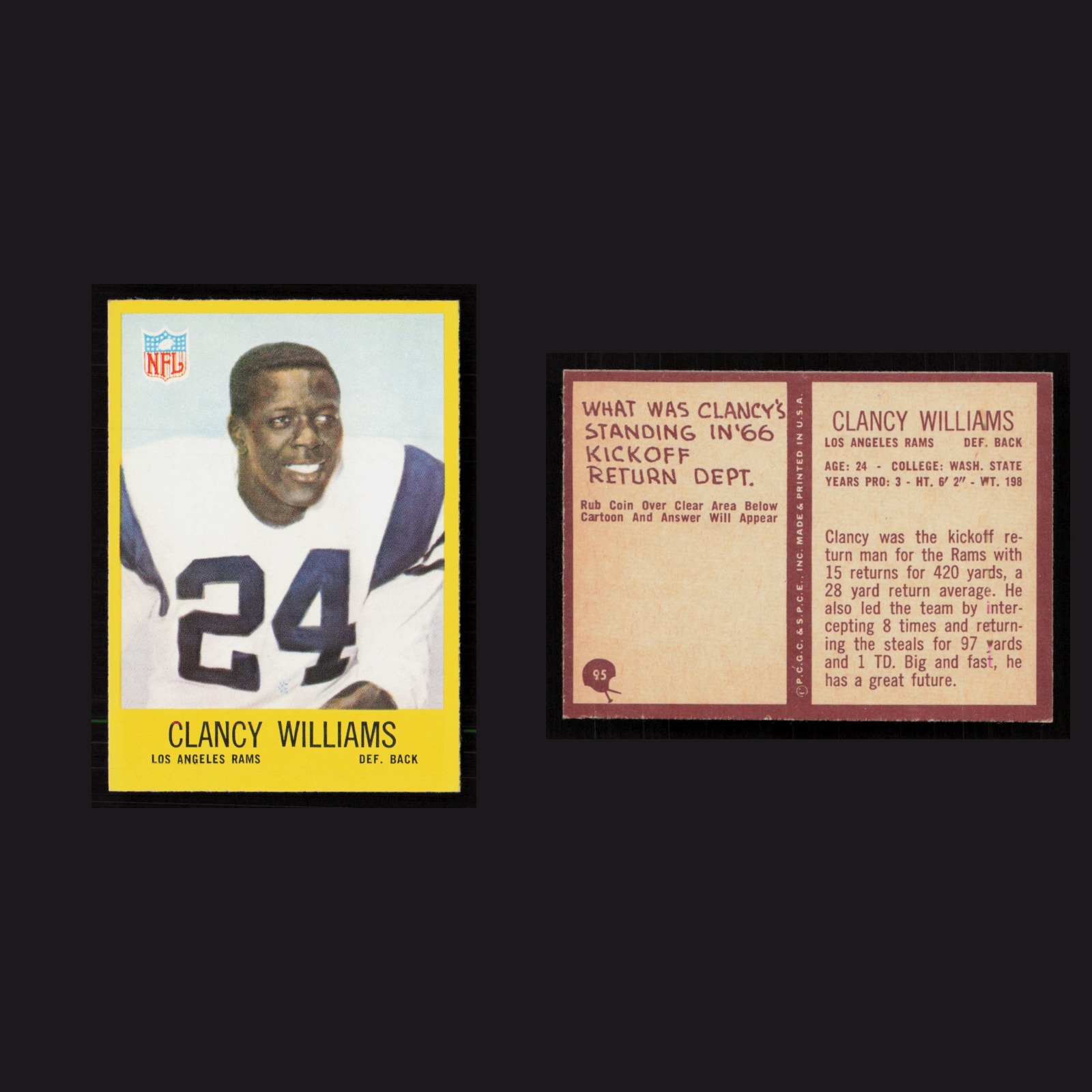 1967 Clancy Williams #95 NM-MT Philadelphia Los Angeles Rams Vintage Football front and back scans. Card condition is Near Mint.