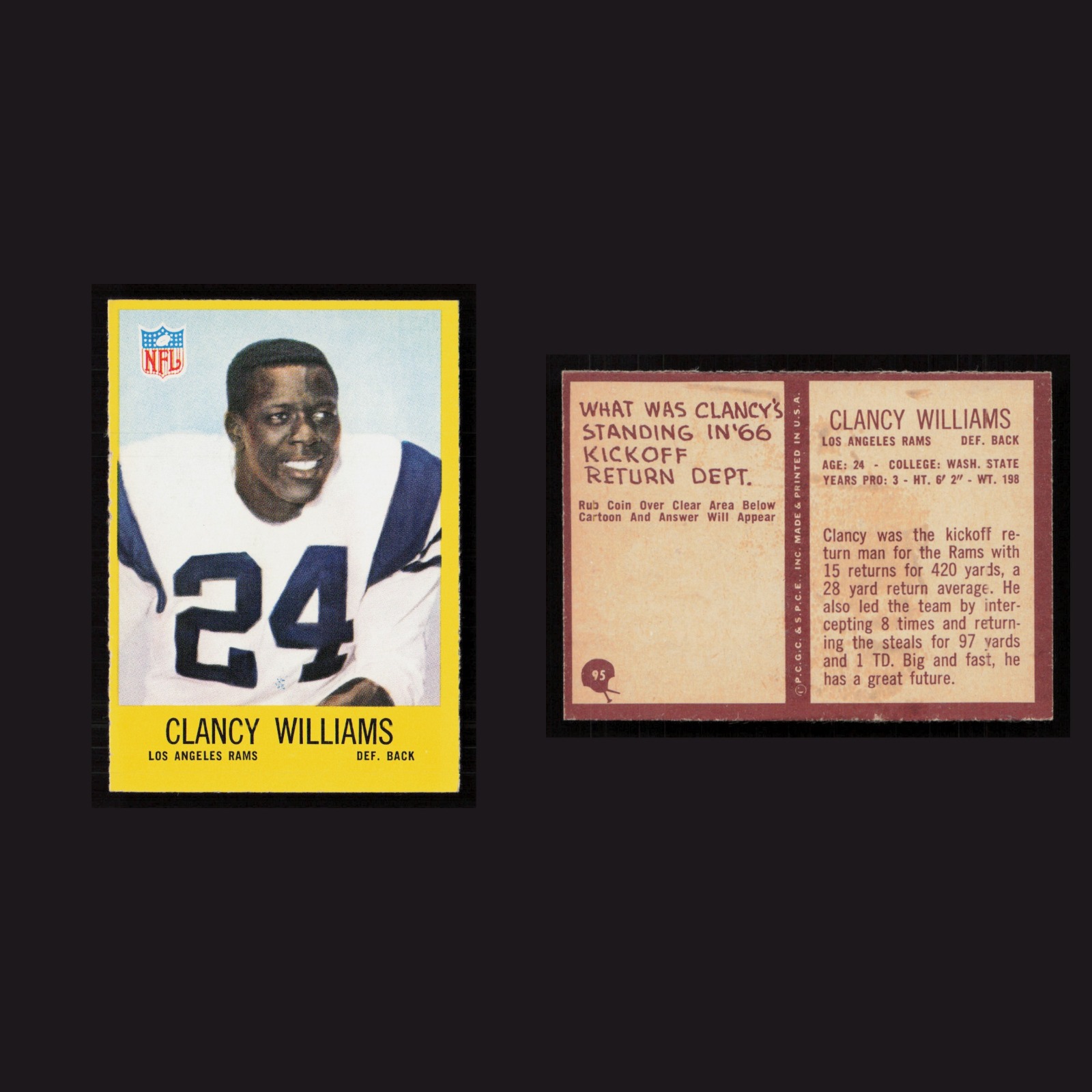 1967 Clancy Williams #95 NM Philadelphia Los Angeles Rams Vintage Football Card front and back scans. Card condition is Near Mint.