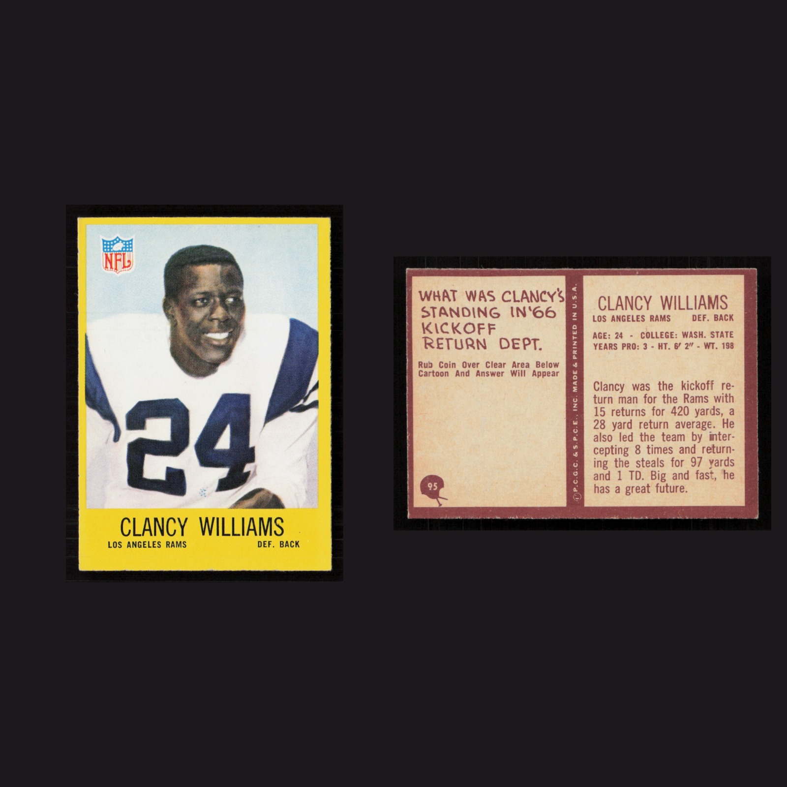 1967 Clancy Williams #95 NM Philadelphia Los Angeles Rams Vintage Football Card front and back scans. Card condition is Near Mint.