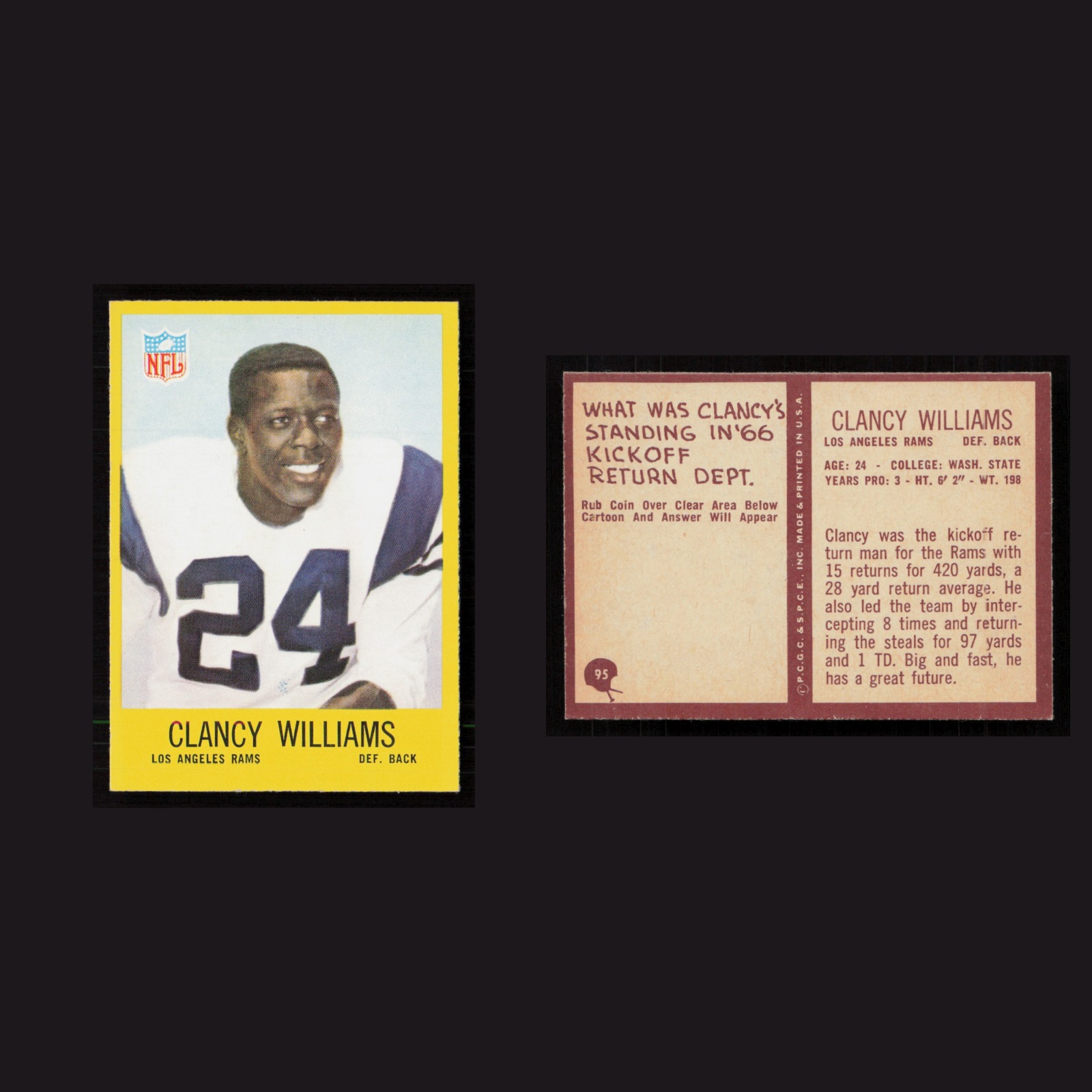 1967 Clancy Williams #95 NM-MT Philadelphia Los Angeles Rams Vintage Football front and back scans. Card condition is Near Mint.