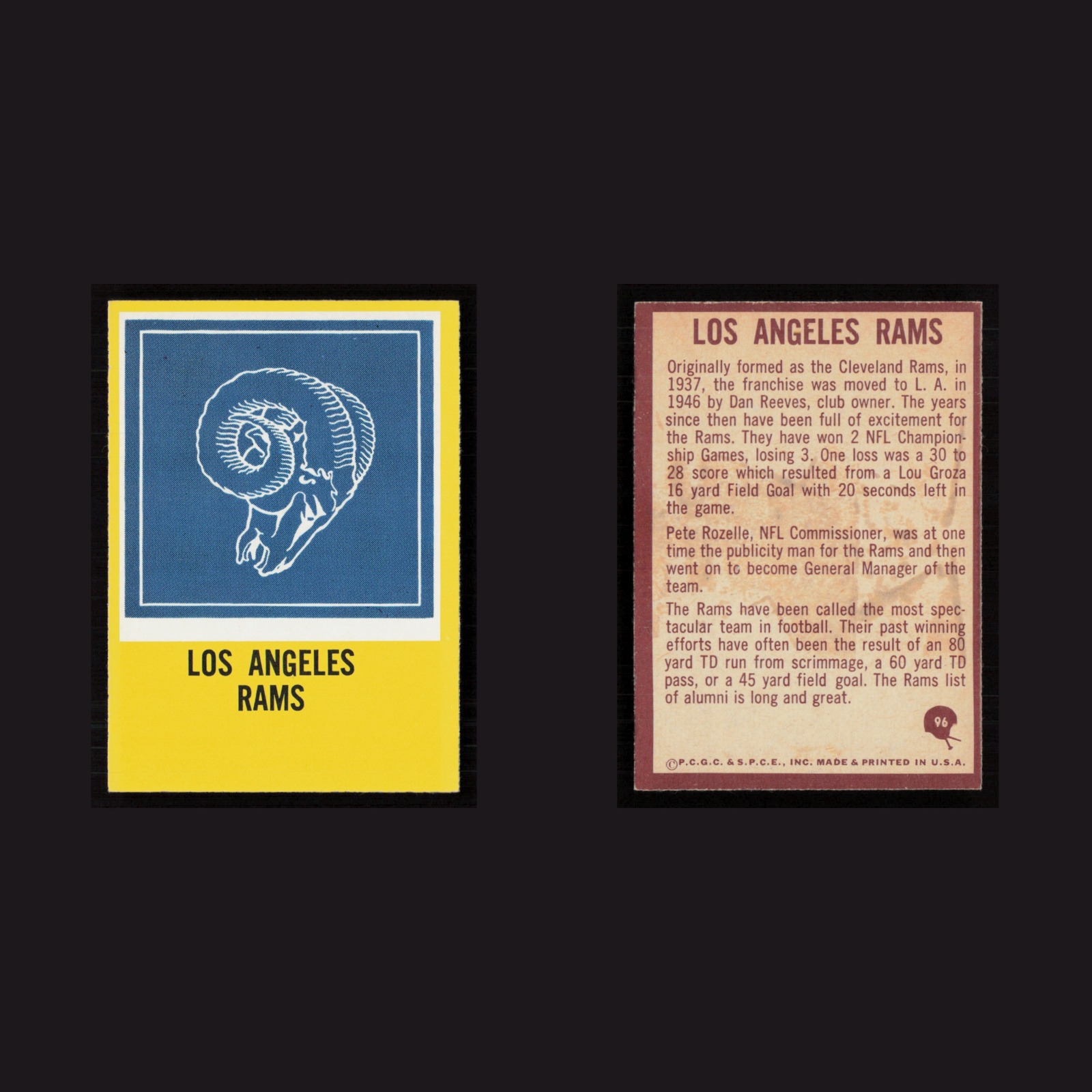 1967 Rams Logo #96 NM Philadelphia Los Angeles Rams Vintage Football Card NFL front and back scans. Card condition is Near Mint.