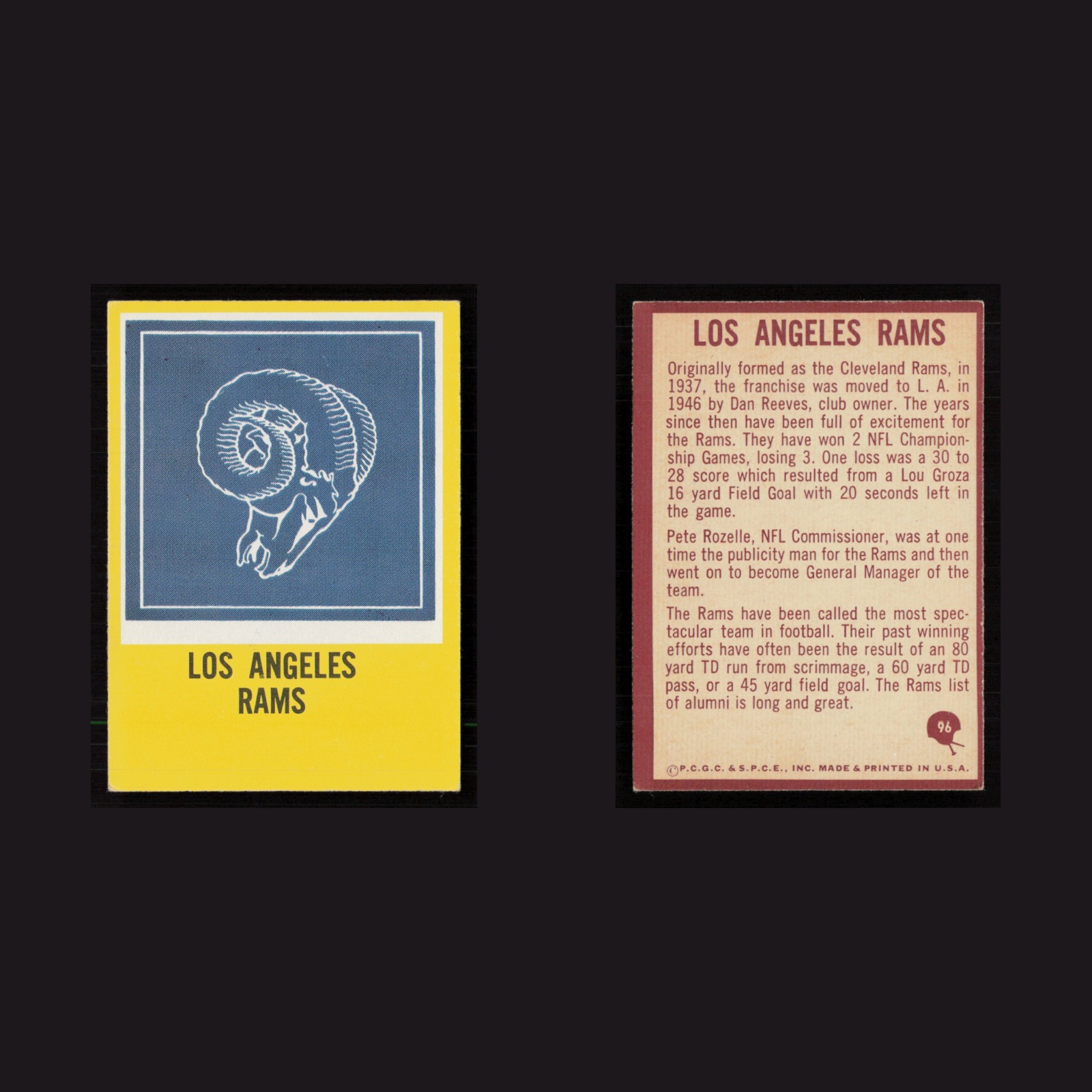 1967 Rams Logo #96 NM Philadelphia Los Angeles Rams Vintage Football Card NFL front and back scans. Card condition is Near Mint.