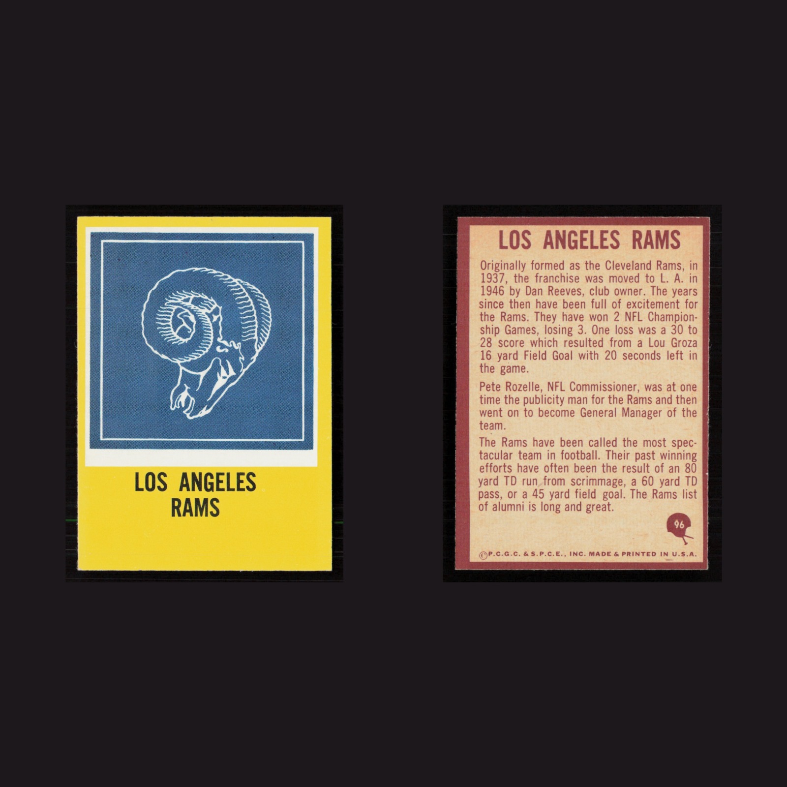 1967 Rams Logo #96 NM-MT Philadelphia Los Angeles Rams Vintage Football Card NFL front and back scans. Card condition is Near Mint.