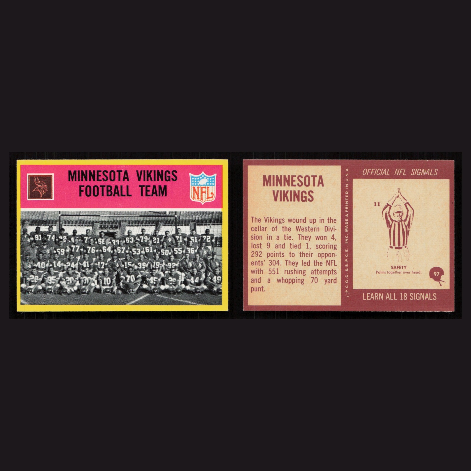 1967 Minnesota Vikings Team #97 NM-MT Philadelphia Minnesota Vikings Vintage NFL front and back scans. Card condition is Near Mint.