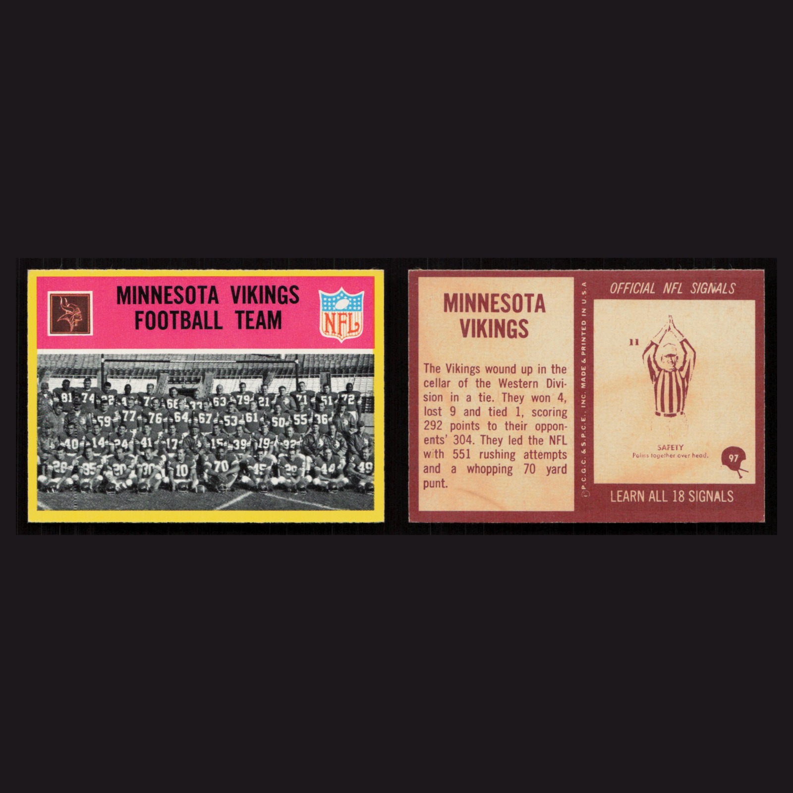 1967 Minnesota Vikings Team #97 NM-MT Philadelphia checklist Minnesota Vikings front and back scans. Card condition is Near Mint.