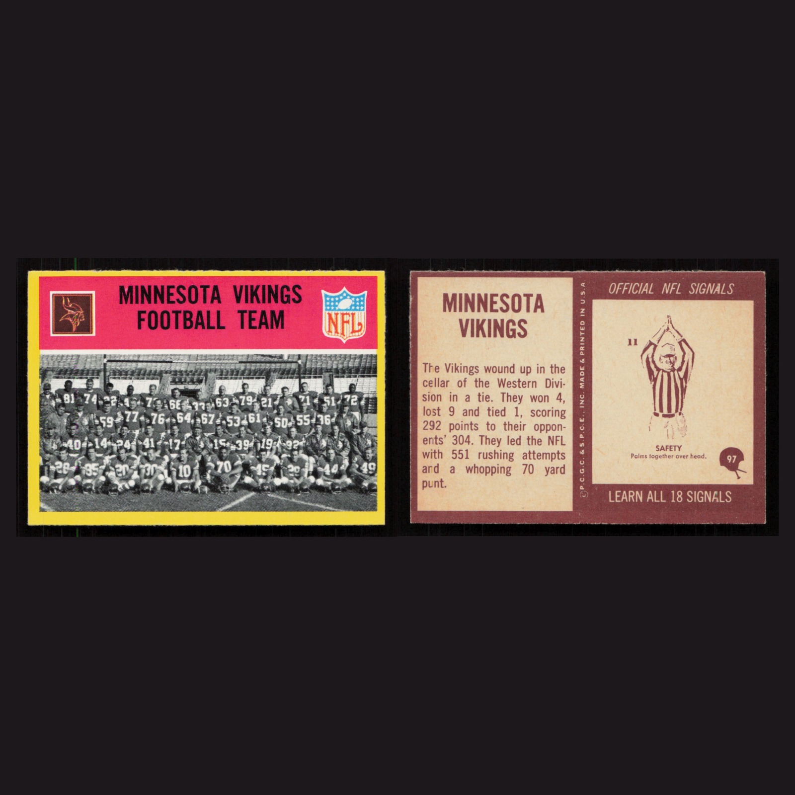 1967 Minnesota Vikings Team #97 MINT Philadelphia checklist Minnesota Vikings front and back scans. Card condition is Near Mint.