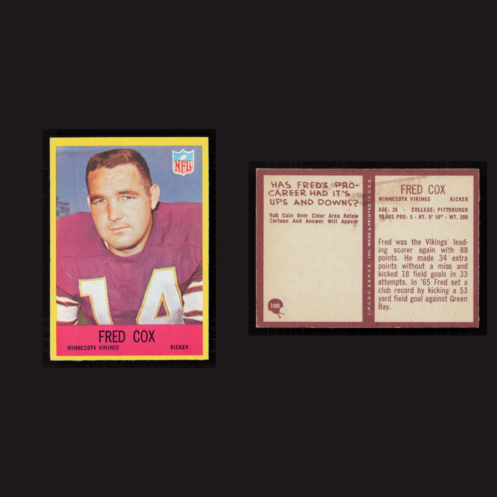 1967 Fred Cox #100 NM Philadelphia Minnesota Vikings Vintage Football Card NFL front and back scans. Card condition is Near Mint.