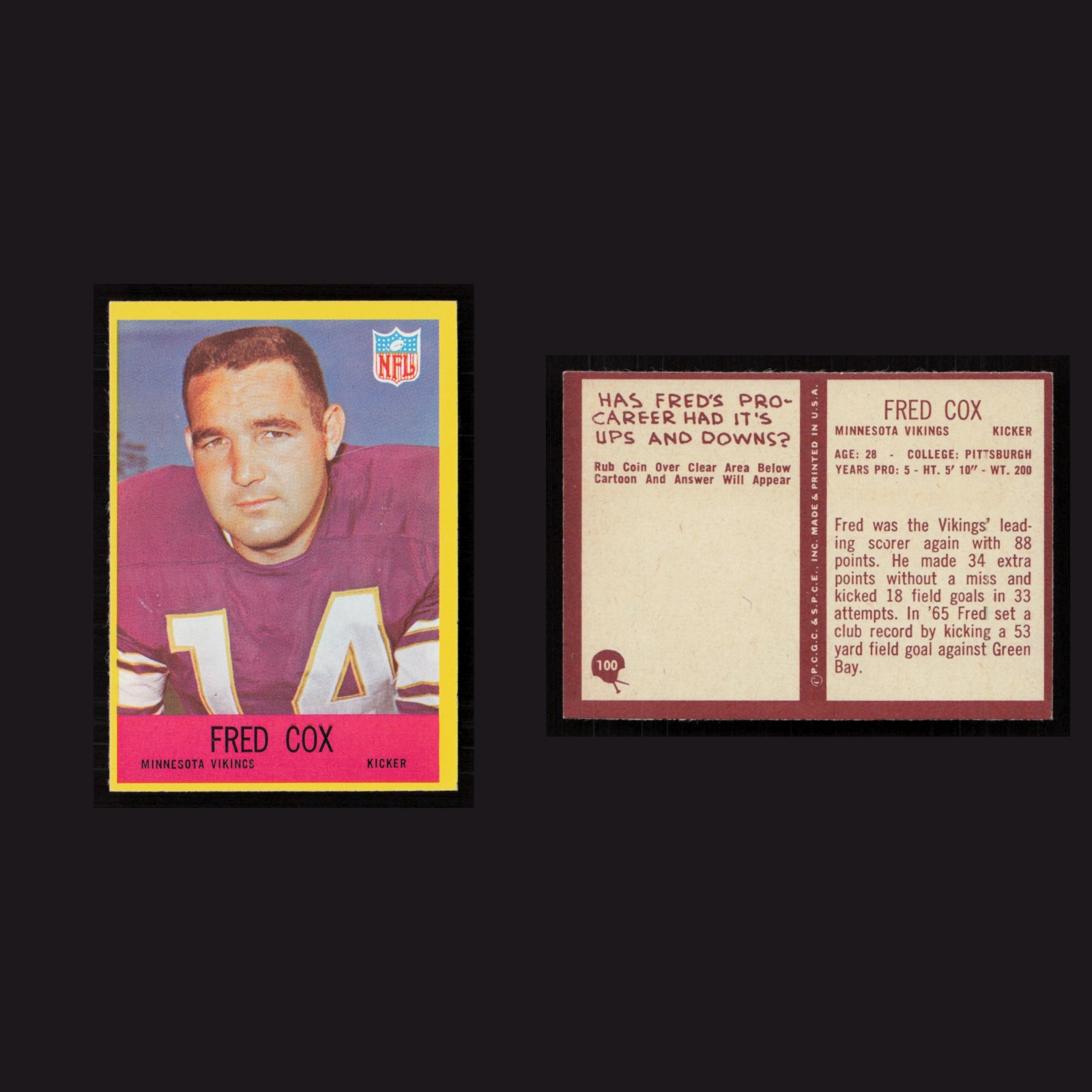 1967 Fred Cox #100 NM Philadelphia Minnesota Vikings Vintage Football Card NFL front and back scans. Card condition is Near Mint.