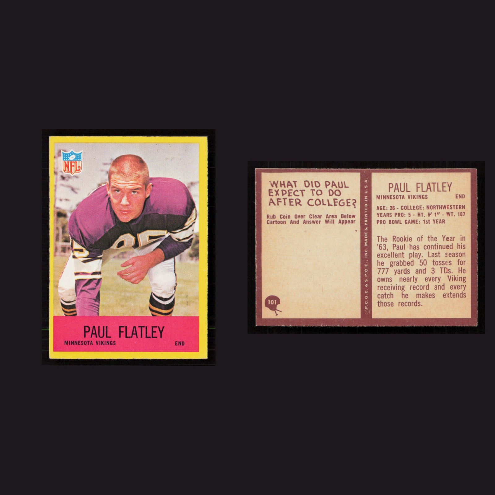 1967 Paul Flatley #101 NM Philadelphia Minnesota Vikings Vintage Football Card front and back scans. Card condition is Near Mint.