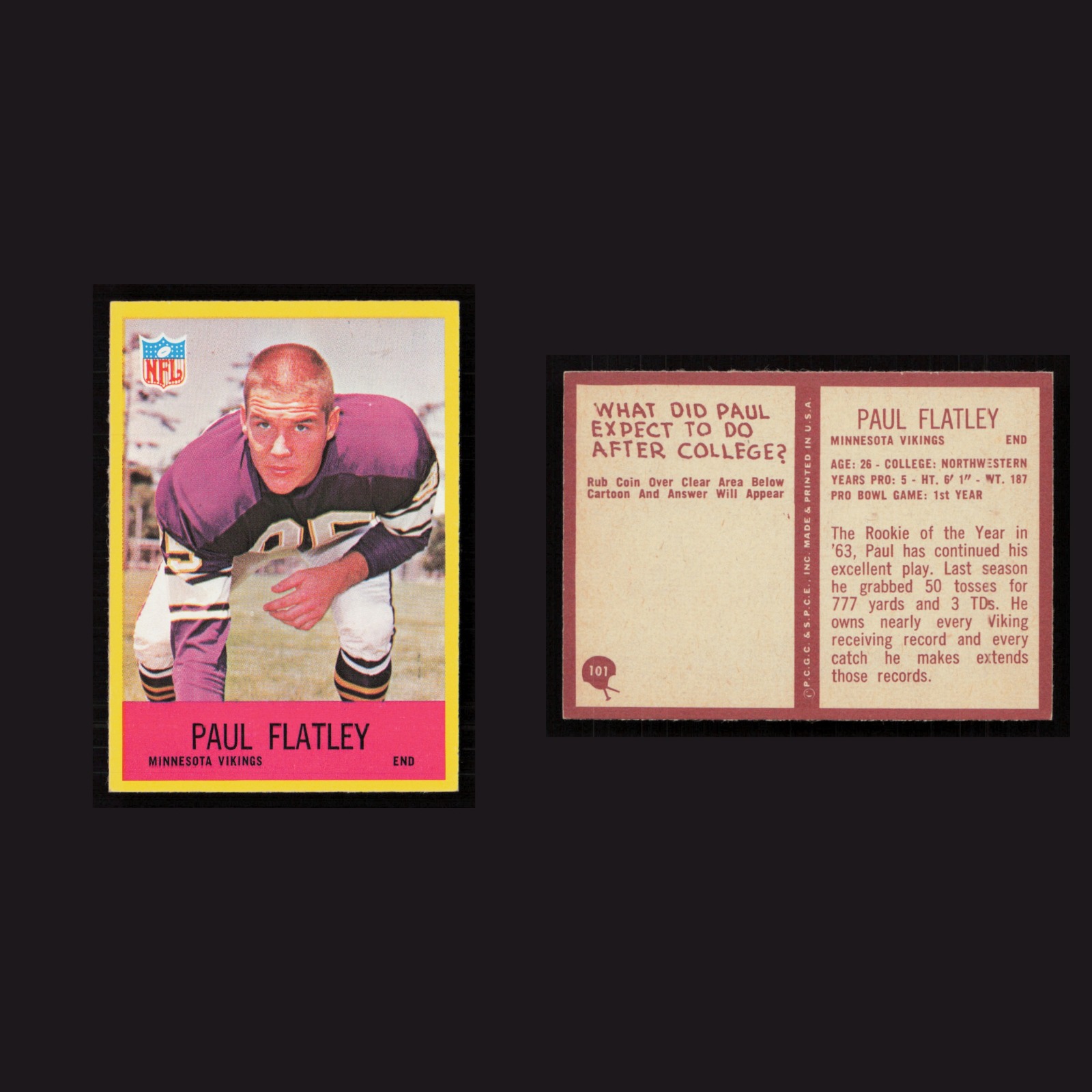1967 Paul Flatley #101 MINT Philadelphia Minnesota Vikings Vintage Football Card front and back scans. Card condition is Near Mint.