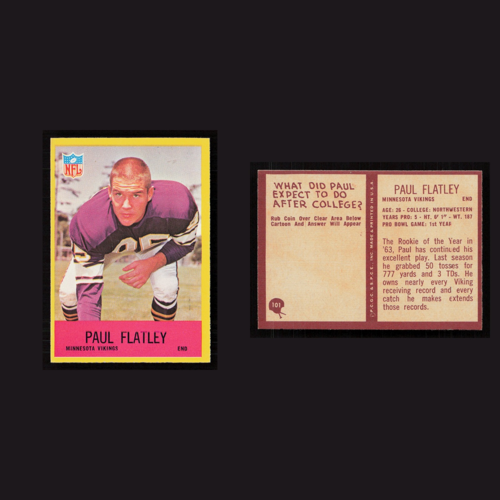 1967 Paul Flatley #101 NM-MT Philadelphia Minnesota Vikings Vintage Football NFL front and back scans. Card condition is Near Mint.