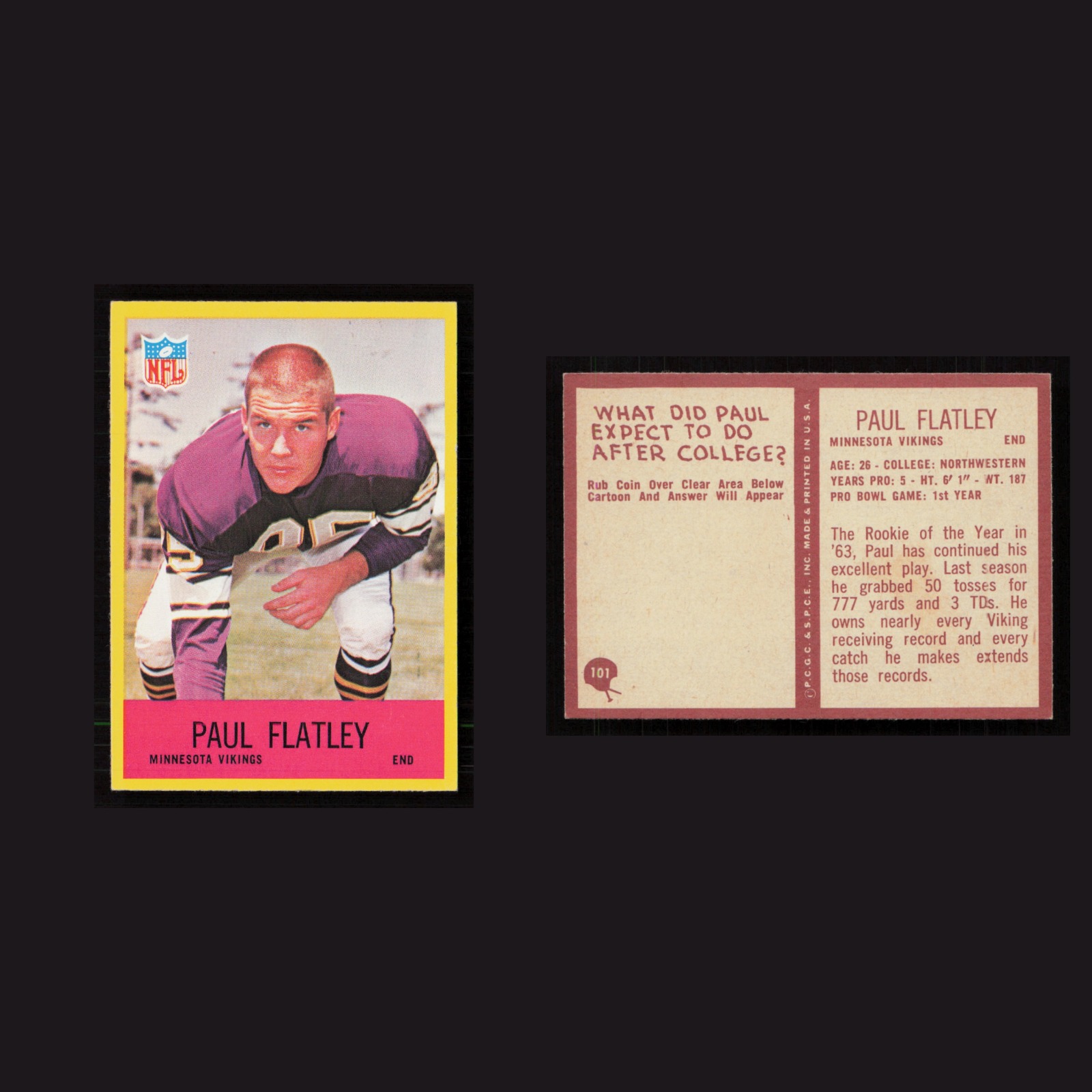 1967 Paul Flatley #101 NM-MT Philadelphia Minnesota Vikings Vintage Football NFL front and back scans. Card condition is Near Mint.