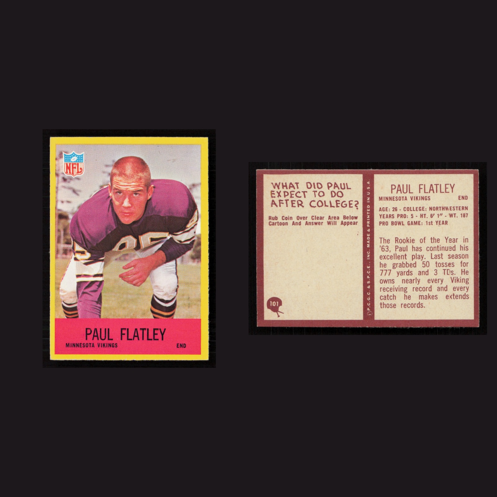 1967 Paul Flatley #101 MINT Philadelphia Minnesota Vikings Vintage Football Card front and back scans. Card condition is Near Mint.