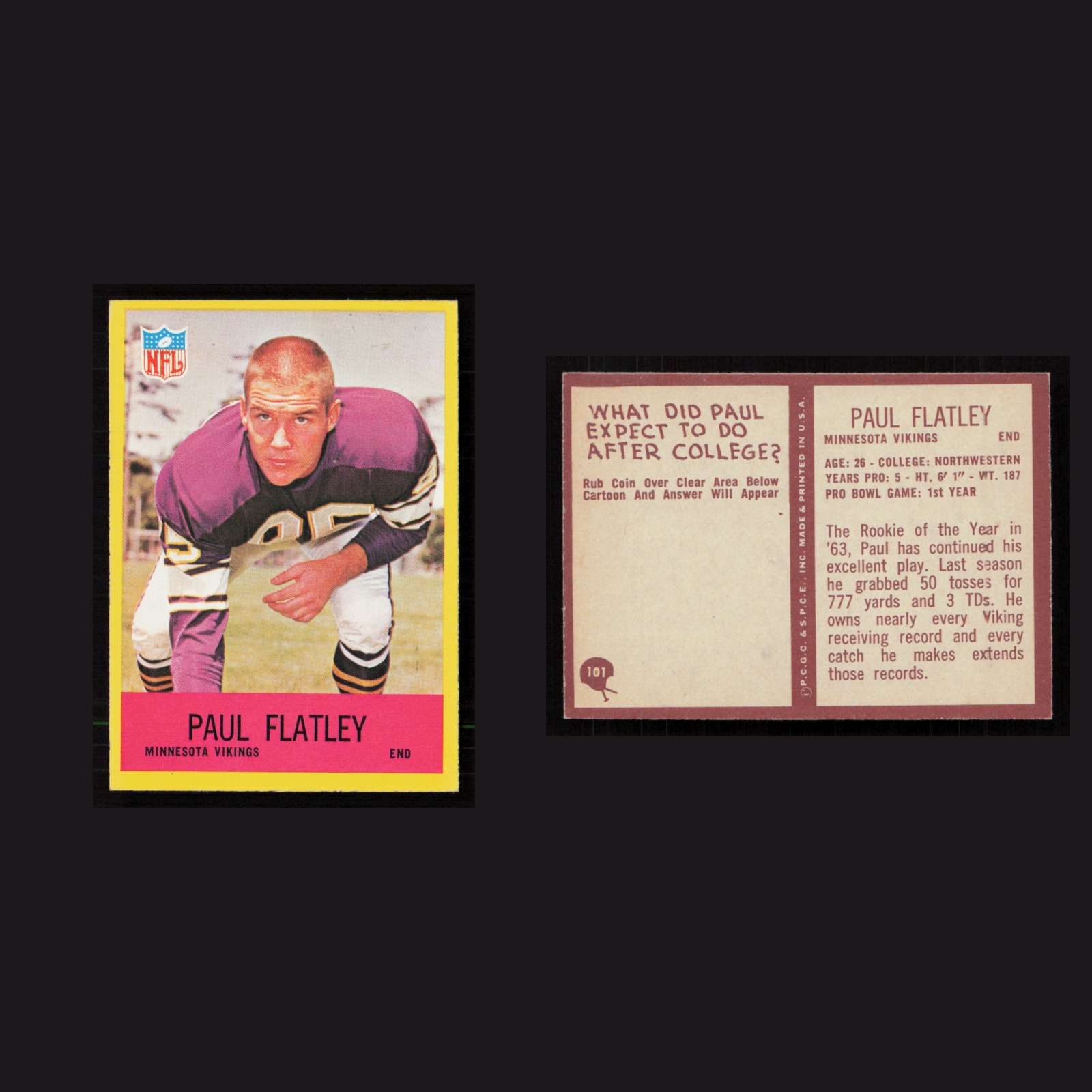 1967 Paul Flatley #101 NM-MT Philadelphia Minnesota Vikings Vintage Football NFL front and back scans. Card condition is Near Mint.