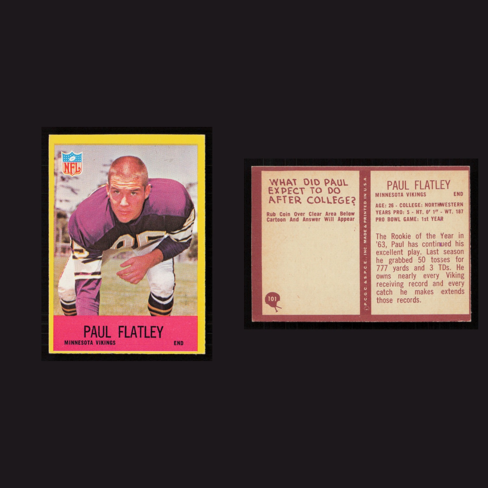 1967 Paul Flatley #101 NM-MT Philadelphia Minnesota Vikings Vintage Football NFL front and back scans. Card condition is Near Mint.
