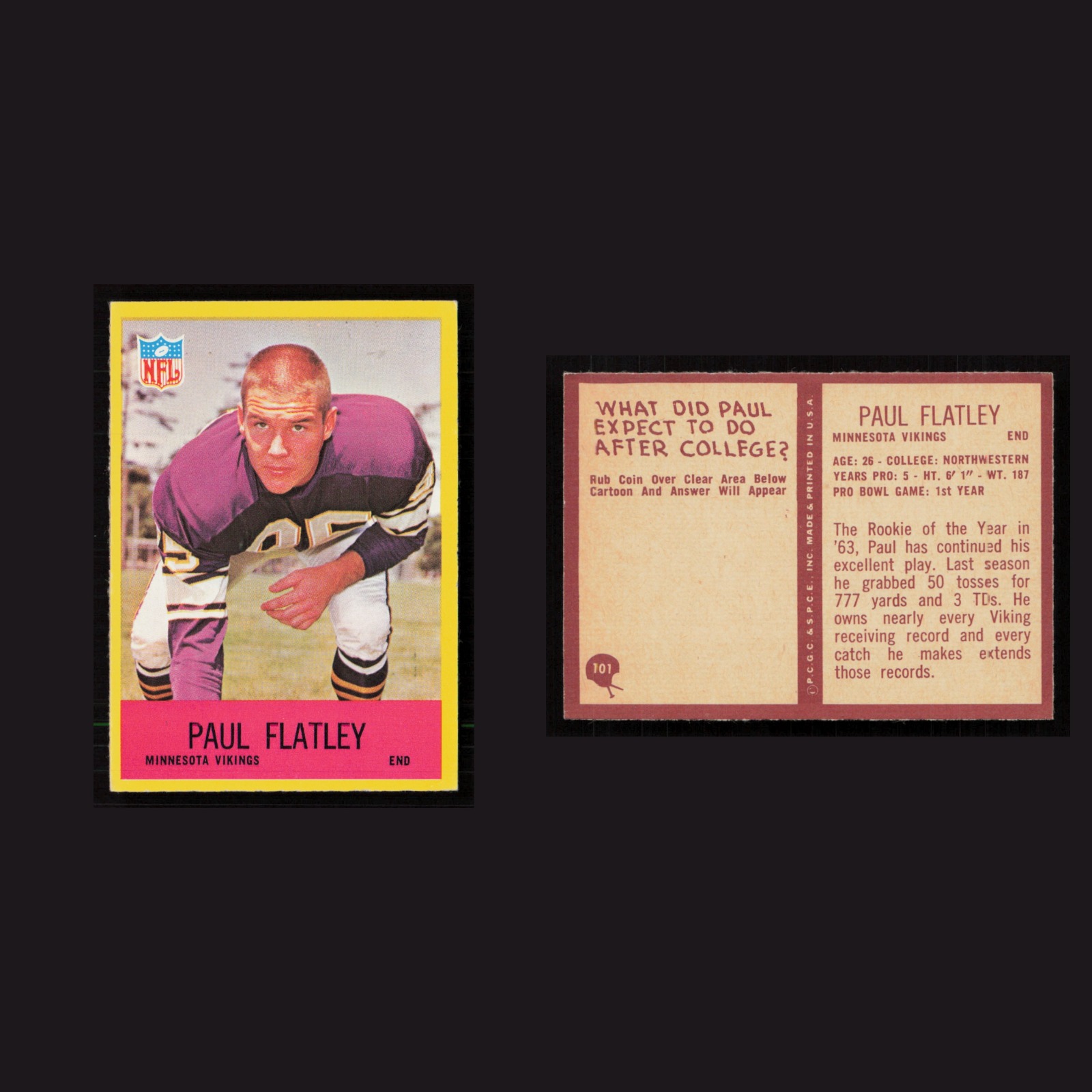 1967 Paul Flatley #101 NM-MT Philadelphia Minnesota Vikings Vintage Football NFL front and back scans. Card condition is Near Mint.