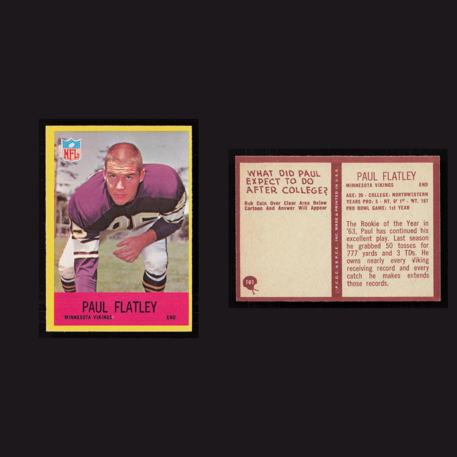 1967 Paul Flatley #101 NM Philadelphia Minnesota Vikings Vintage Football Card front and back scans. Card condition is Near Mint.